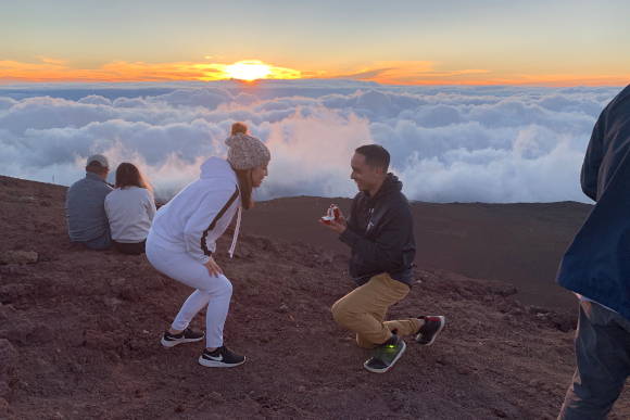 Manuel Proposes to Karen with an Engagement Ring from Henne Jewelers While Overlooking the Sunset on Haleakala Crater in Maui