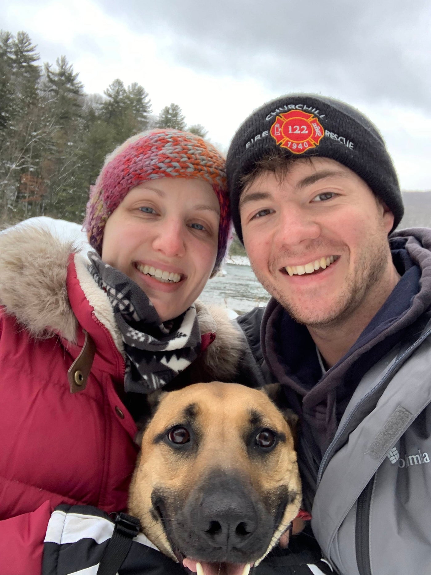 Henne Engagement Ring Couple Scott & Erika Outdoors with their Dog