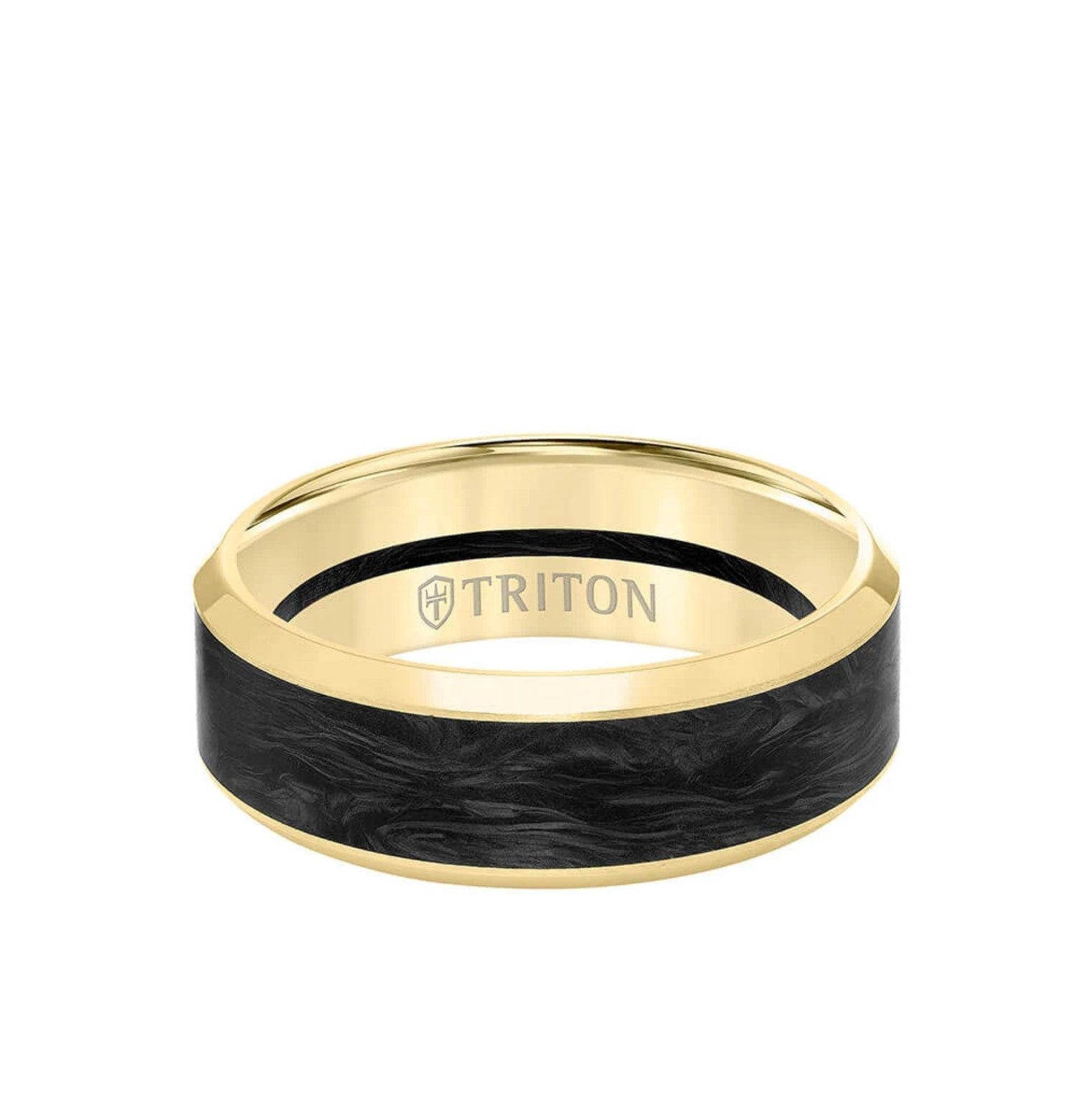 14k yellow gold 7mm wedding band with carbon fiber inlay and beveled edge