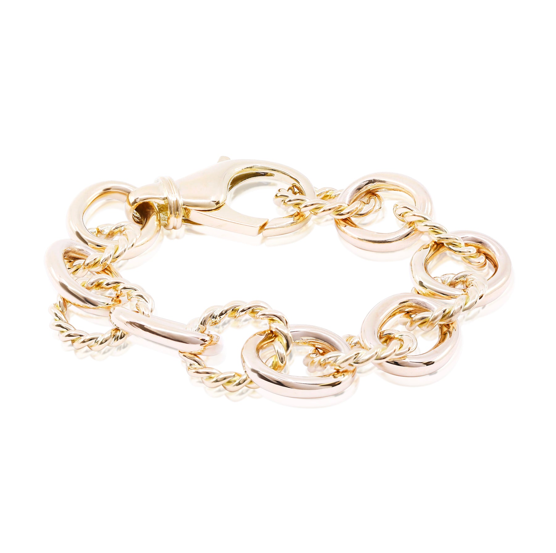 POLISHED 18K YELLOW GOLD PLAIN AND TWISTED HEAVY OVAL LINK BRACELET