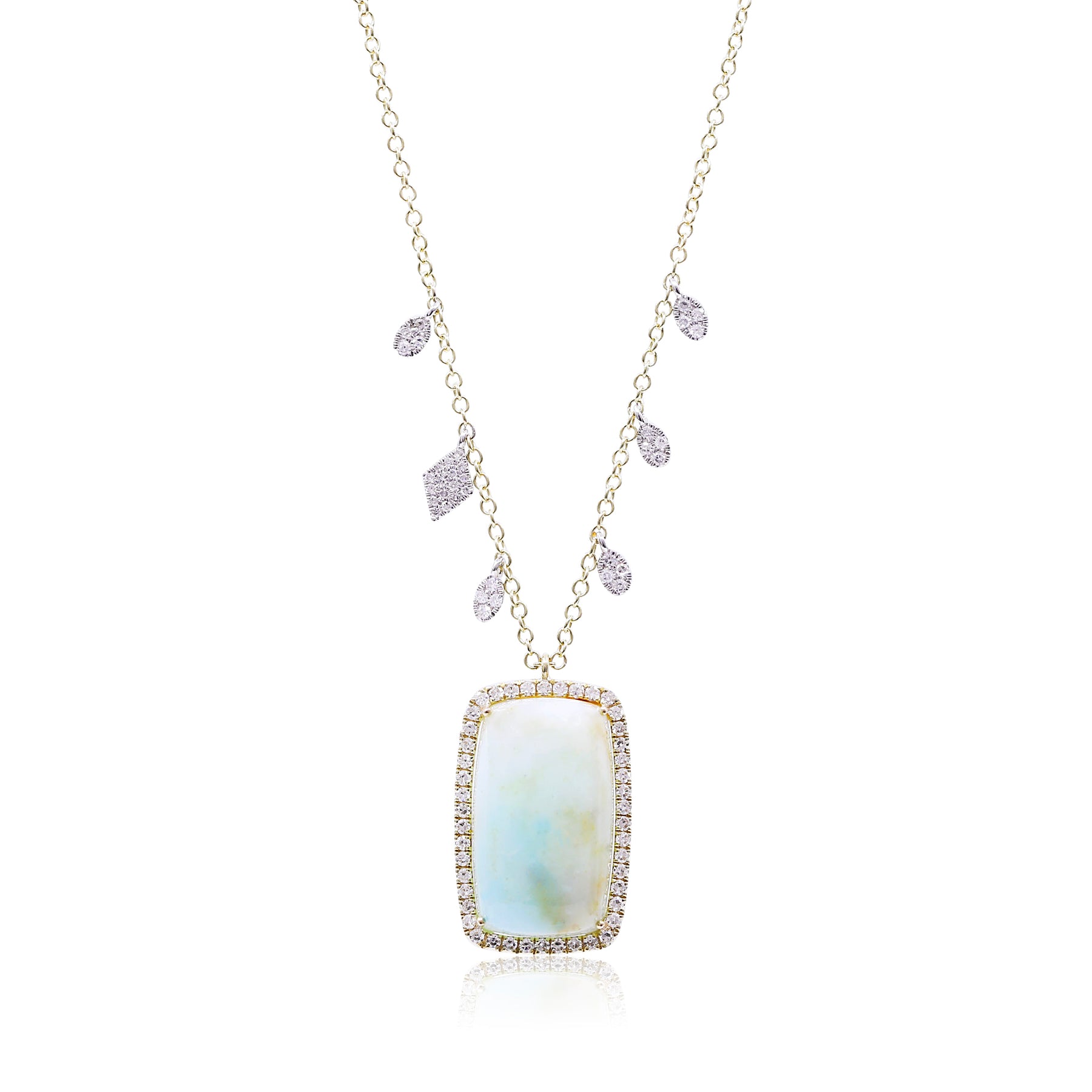 14K YELLOW GOLD DIAMOND FRAMED CUSHION OPAL PENDANT NECKLACE WITH DIAMOND ACCENTS