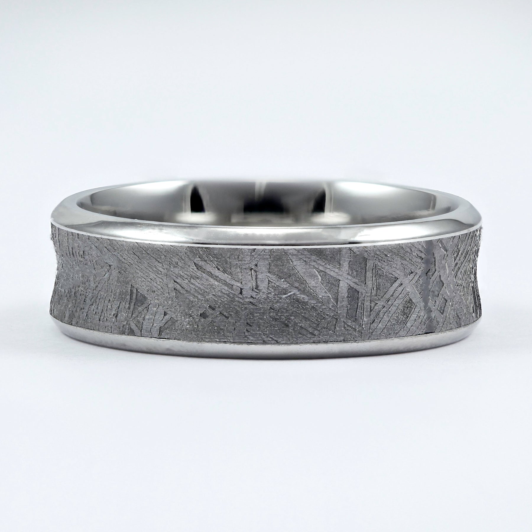 Cobalt chrome 7mm concave wedding band with genuine meteorite center inlay 