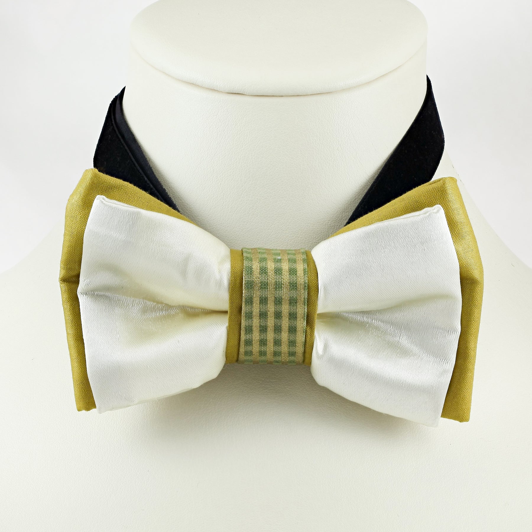 Double tier cream and mustard green bowtie with plaid center