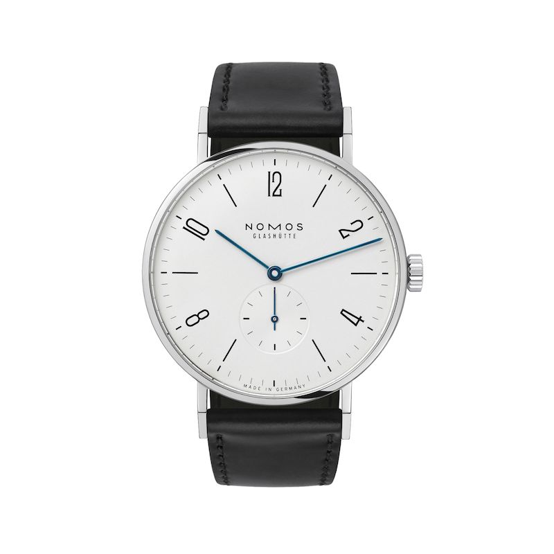 37.5MM NOMOS GLASHUTTE TANGENTE MANUAL WIND WATCH WITH WHITE ARABIC DIAL AND BLACK LEATHER STRAP