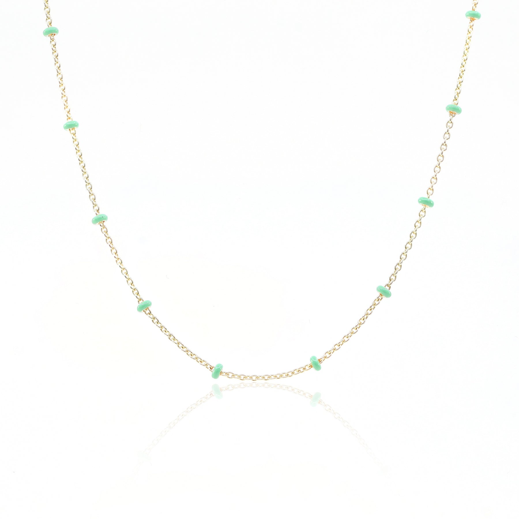 14K YELLOW GOLD GREEN ENAMEL ROUNDEL STATION CHAIN NECKLACE