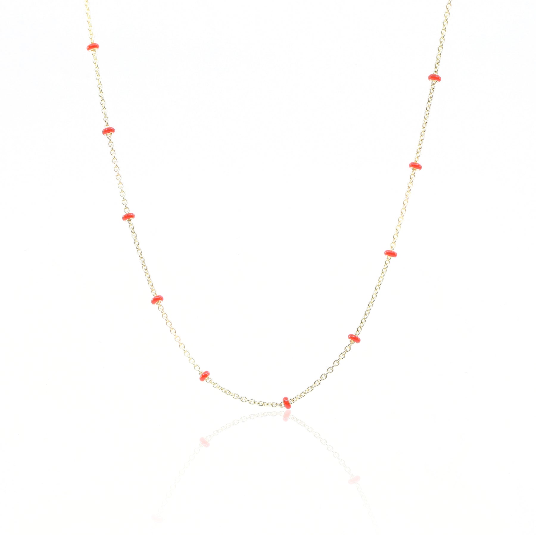 14K YELLOW GOLD ORANGE ENAMEL ROUNDEL STATION CHAIN NECKLACE