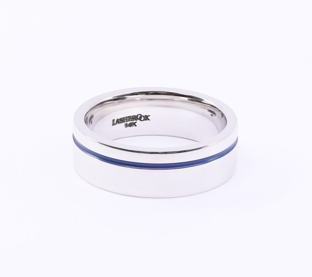 SATIN 14K WHITE GOLD 7MM WEDDING BAND WITH ROYAL BLUE CERAKOTE INLAY