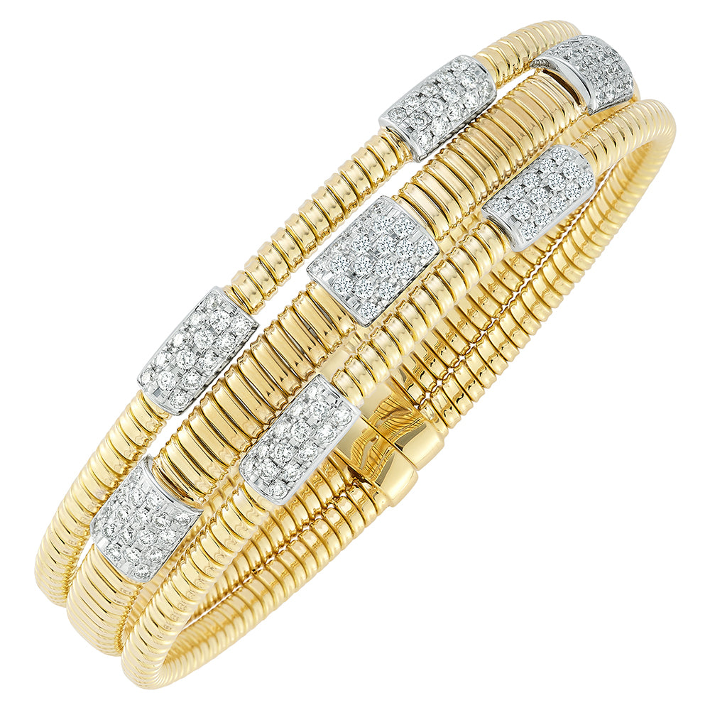 18K YELLOW GOLD RIBBED DIAMOND STATION CUFF BRACELET - 1.40CTW