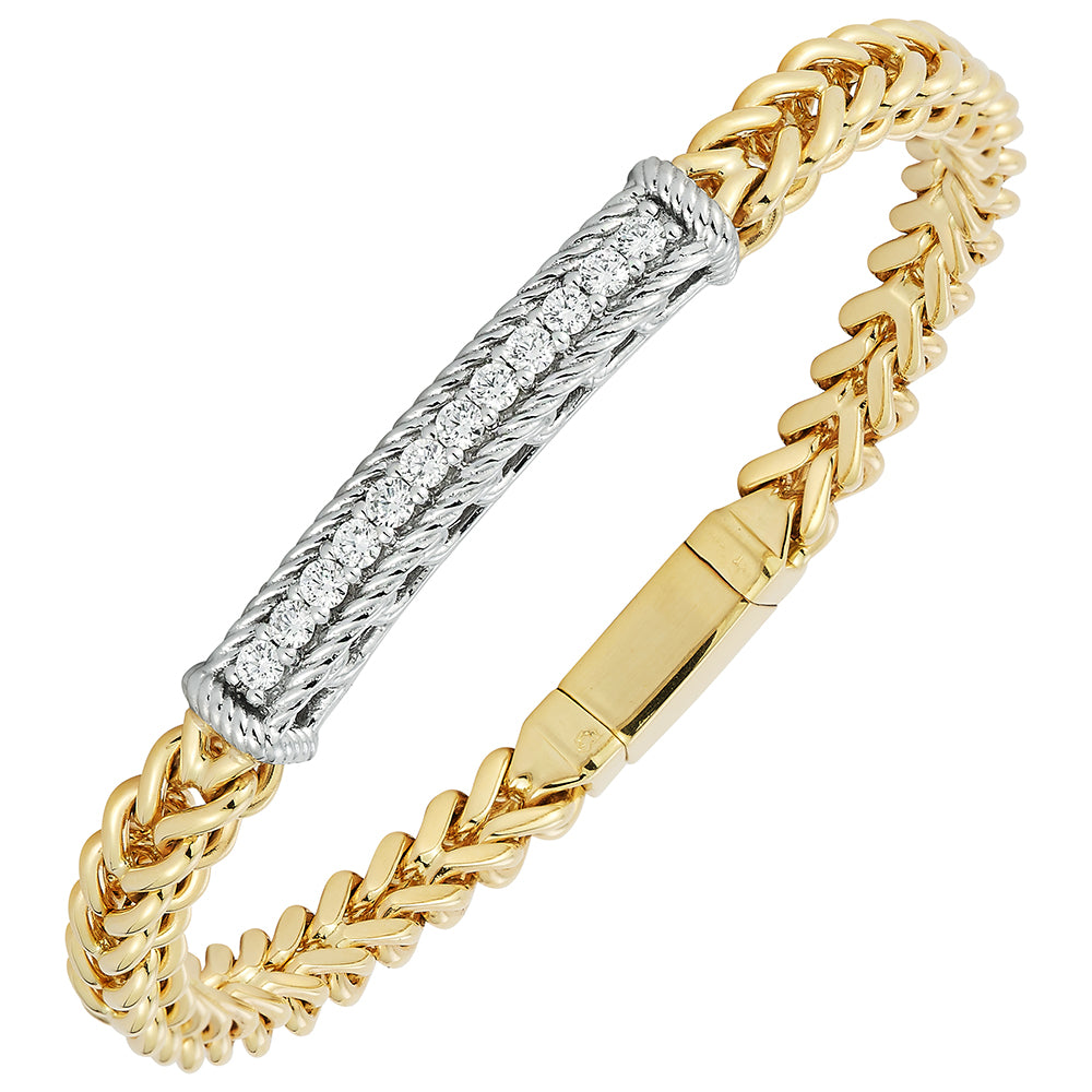 14K YELLOW GOLD 7-INCH WHEAT CHAIN BRACELET WITH PAVE DIAMOND ID BAR 0.60CTW