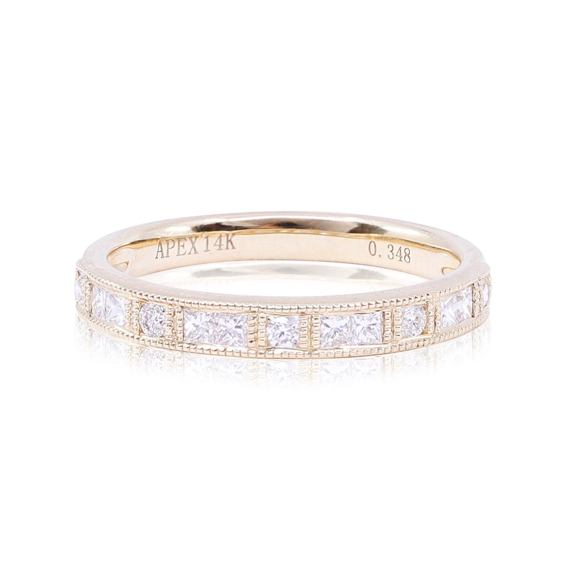 14K YELLOW GOLD PRINCESS AND ROUND CUT DIAMOND MILGRAIN BAND