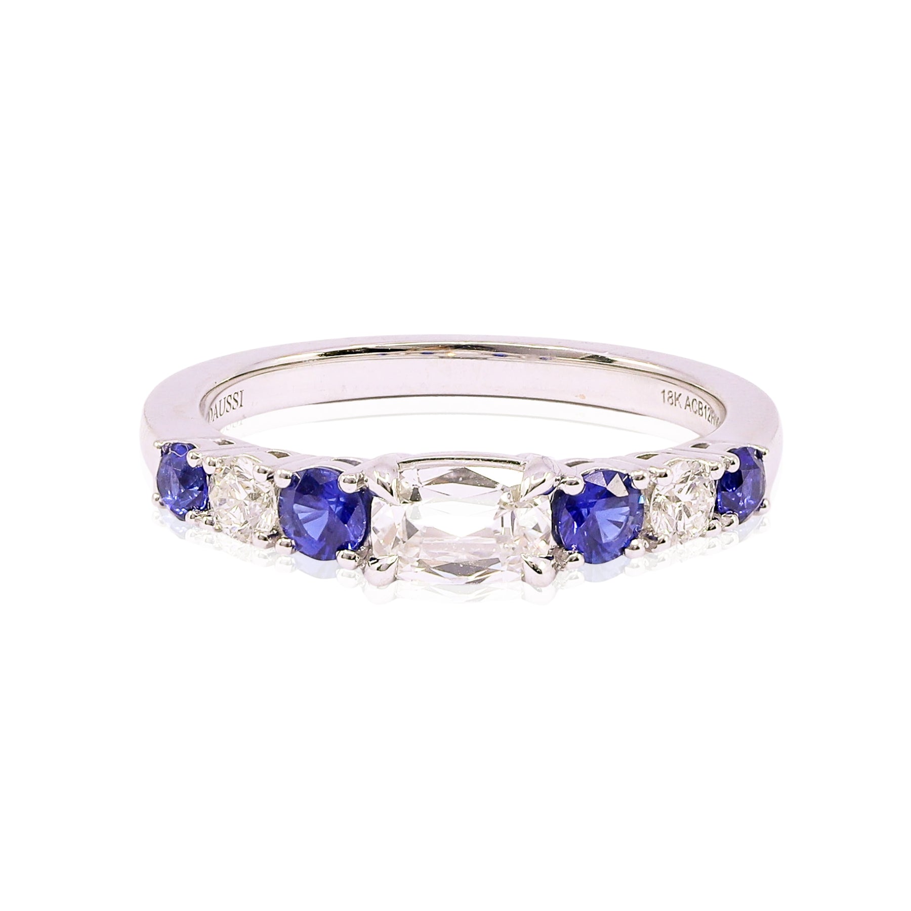 HENRI DAUSSI 18K WHITE GOLD DIAMOND SAPPHIRE WEDDING BAND 