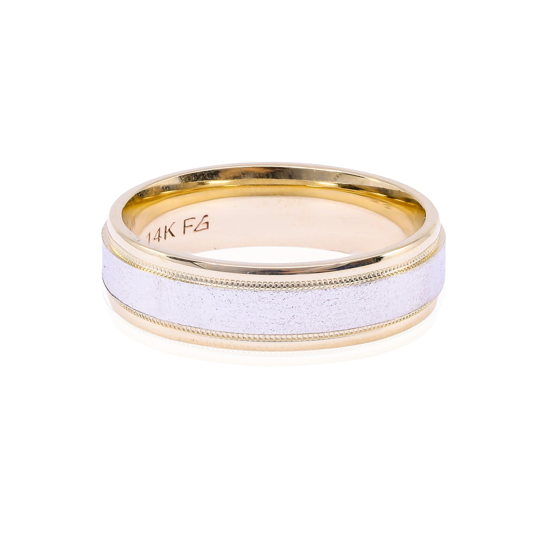 14K YELLOW AND WHITE GOLD STONE FINISH MILGRAIN WEDDING BAND