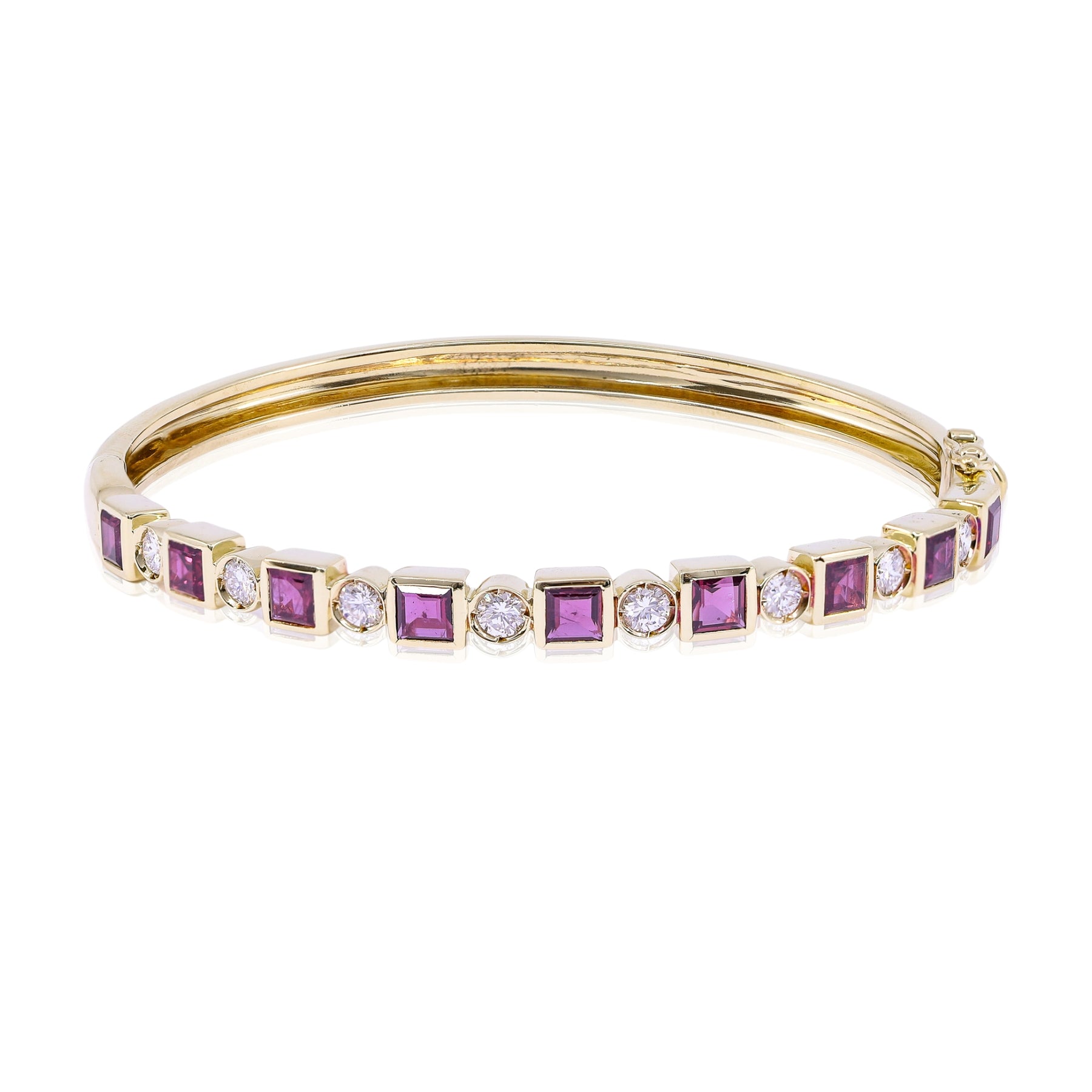 ESTATE 18K YELLOW GOLD RUBY DIAMOND HINGED BANGLE BRACELET