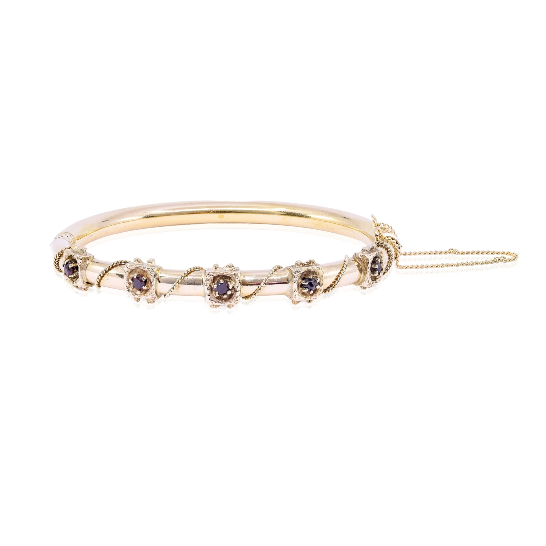 ESTATE 14K YELLOW GOLD GARNET BANGLE BRACELET