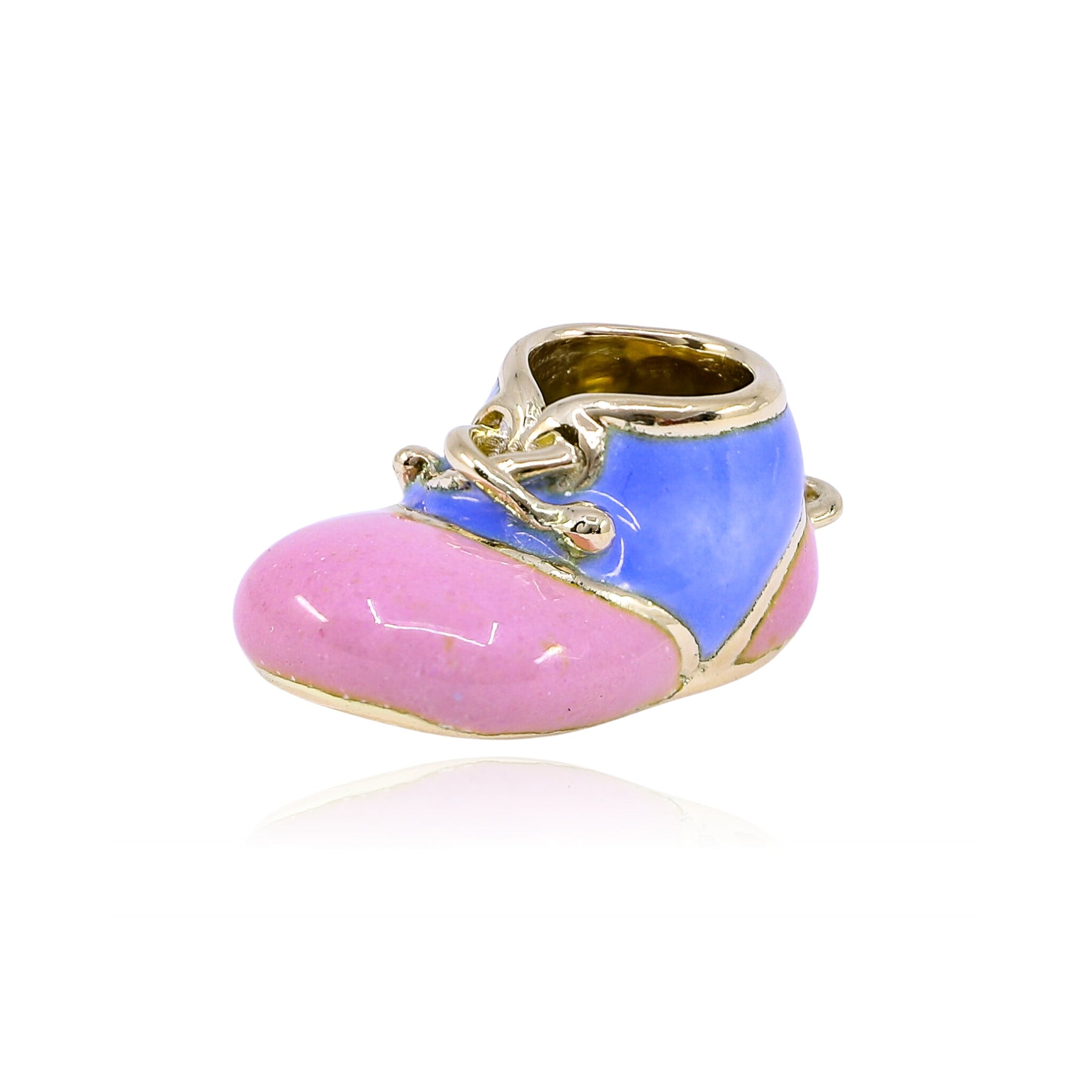 ESTATE 18K YELLOW GOLD BLUE AND PINK ENAMEL BABY BOOTY CHARM