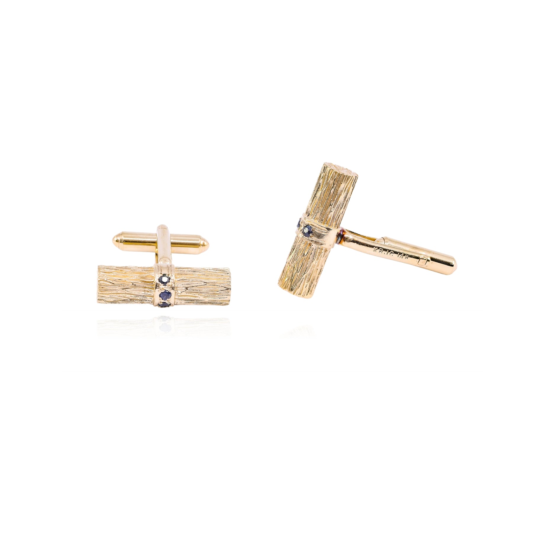 ESTATE 14K YELLOW GOLD SAPPHIRE WOOD LOG CUFFLINKS