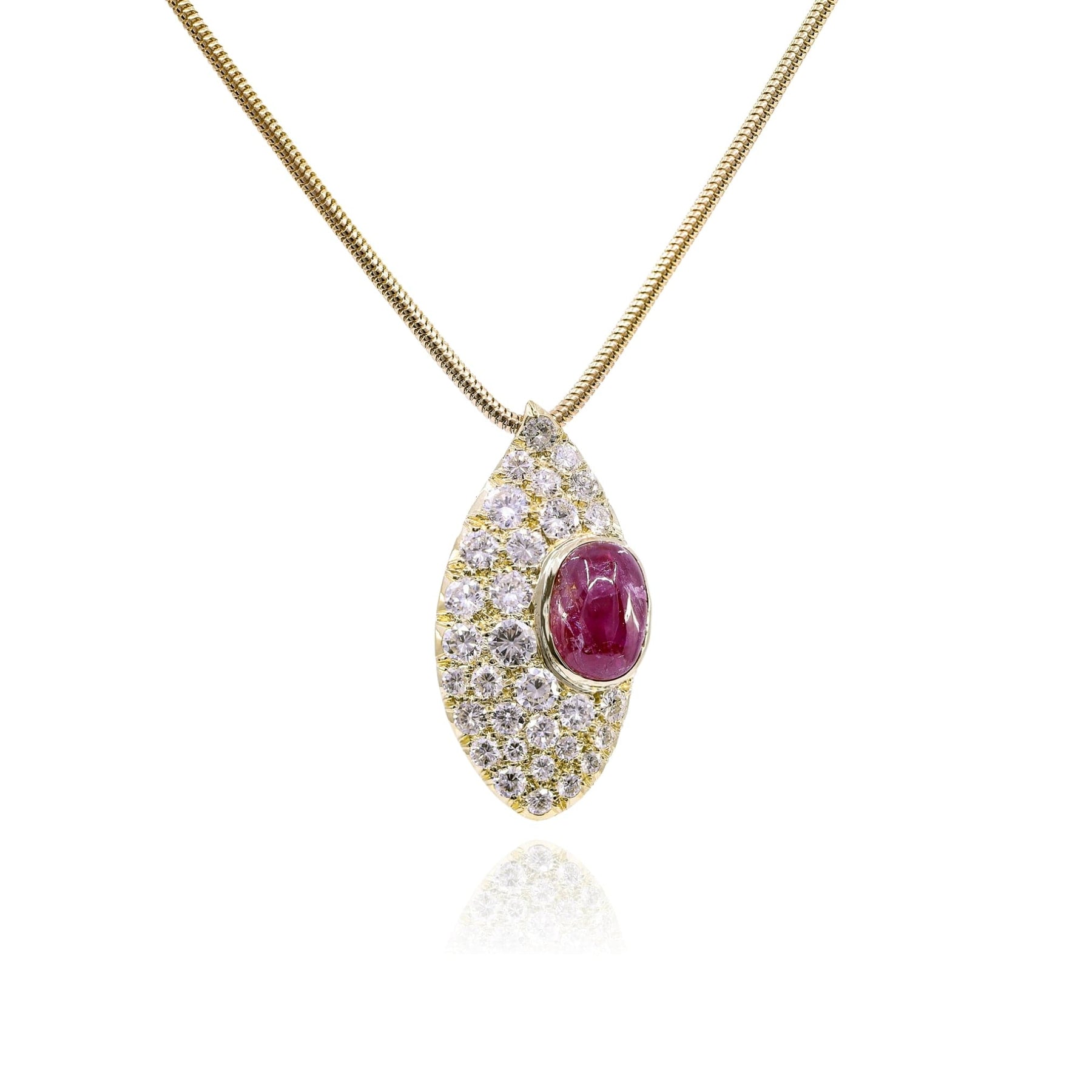 ESTATE 14K YELLOW GOLD PAVE DIAMOND RUBY PENDANT NECKLACE