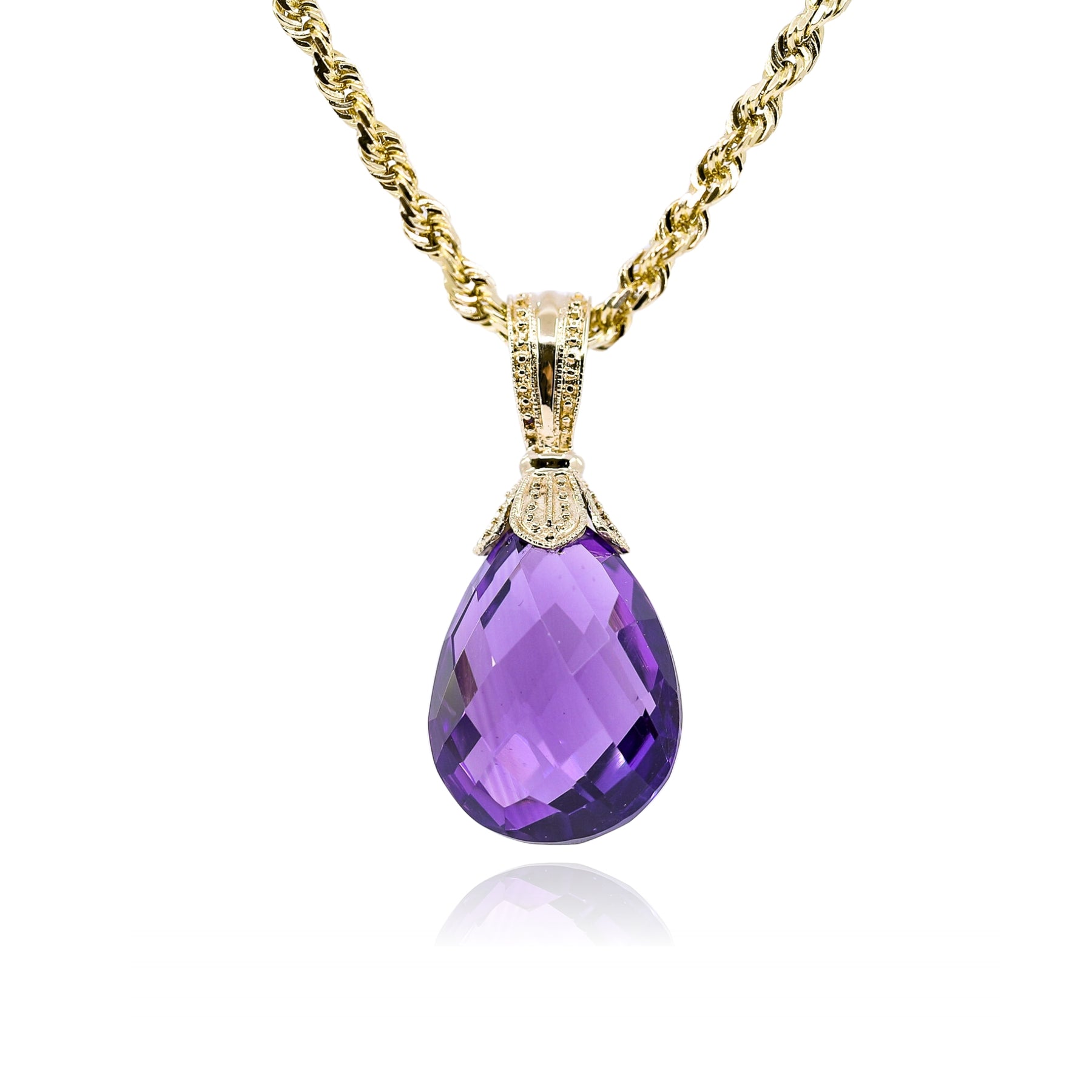 ESTATE 14K YELLOW GOLD PEAR FACETED AMETHYST PENDANT ON ROPE CHAIN