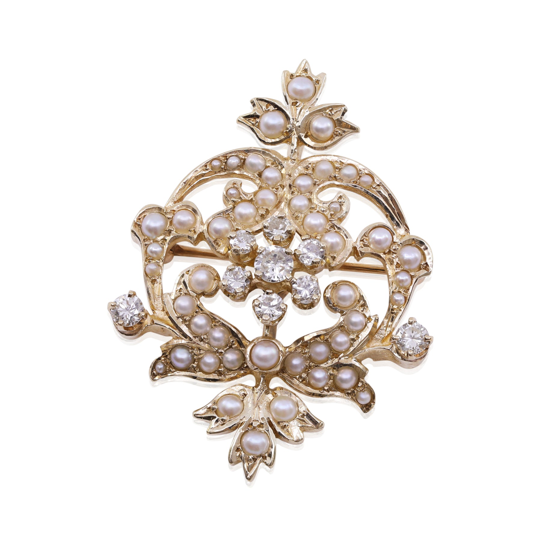 Estate 14K YELLOW GOLD SEED PEARL AND DIAMOND PIN