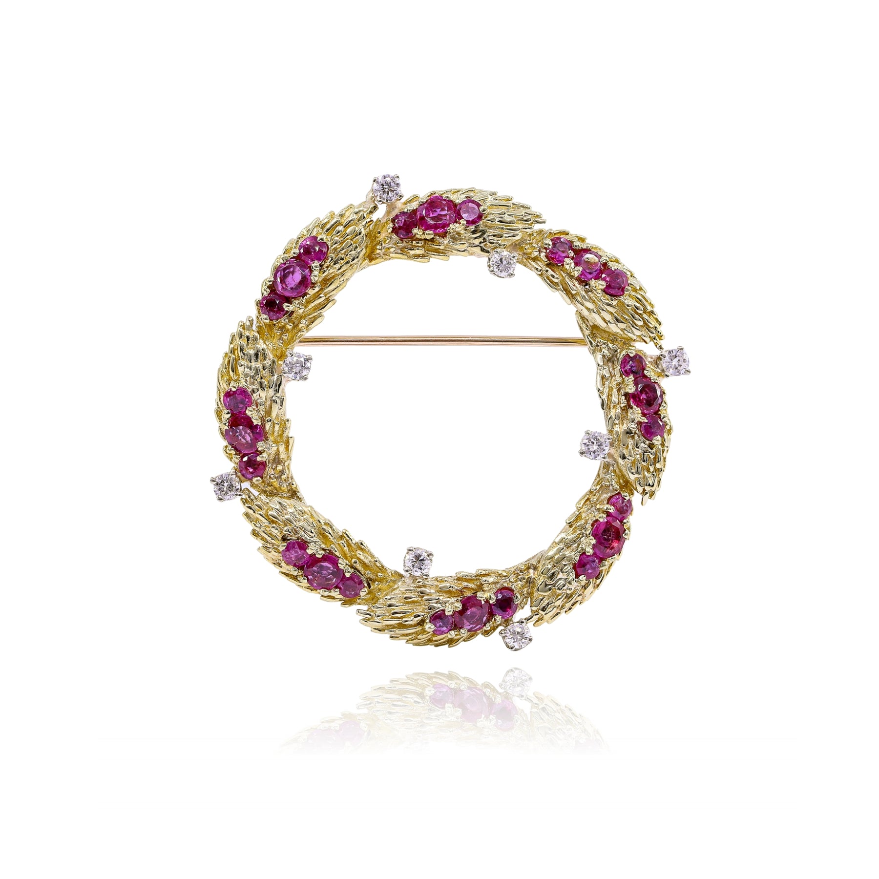 ESTATE 18K YELLOW GOLD RUBY DIAMOND WREATH PIN