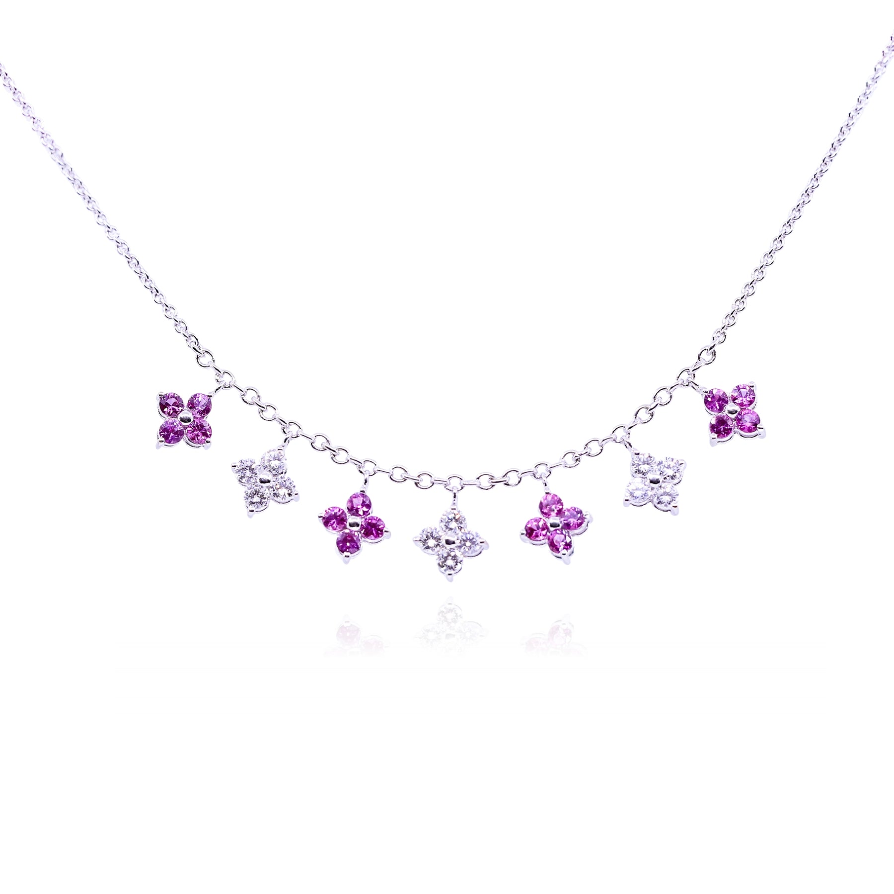 ESTATE 18K WHITE GOLD FLOWER DROP PINK SAPPHIRE DIAMOND NECKLACE