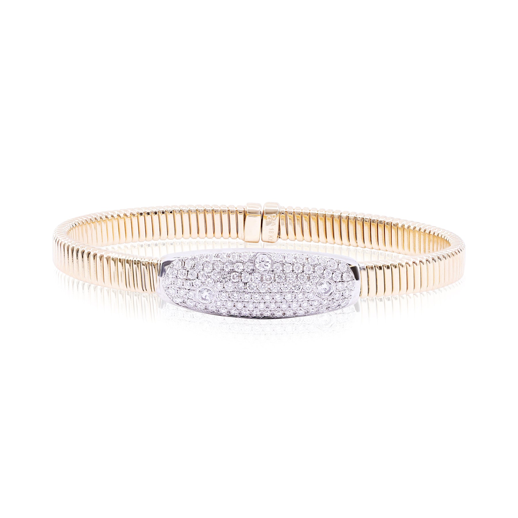 18K YELLOW GOLD 5MM FLEXIBLE RIBBED CUFF BRACELET WITH PAVE DIAMOND TOP 1.20CTW