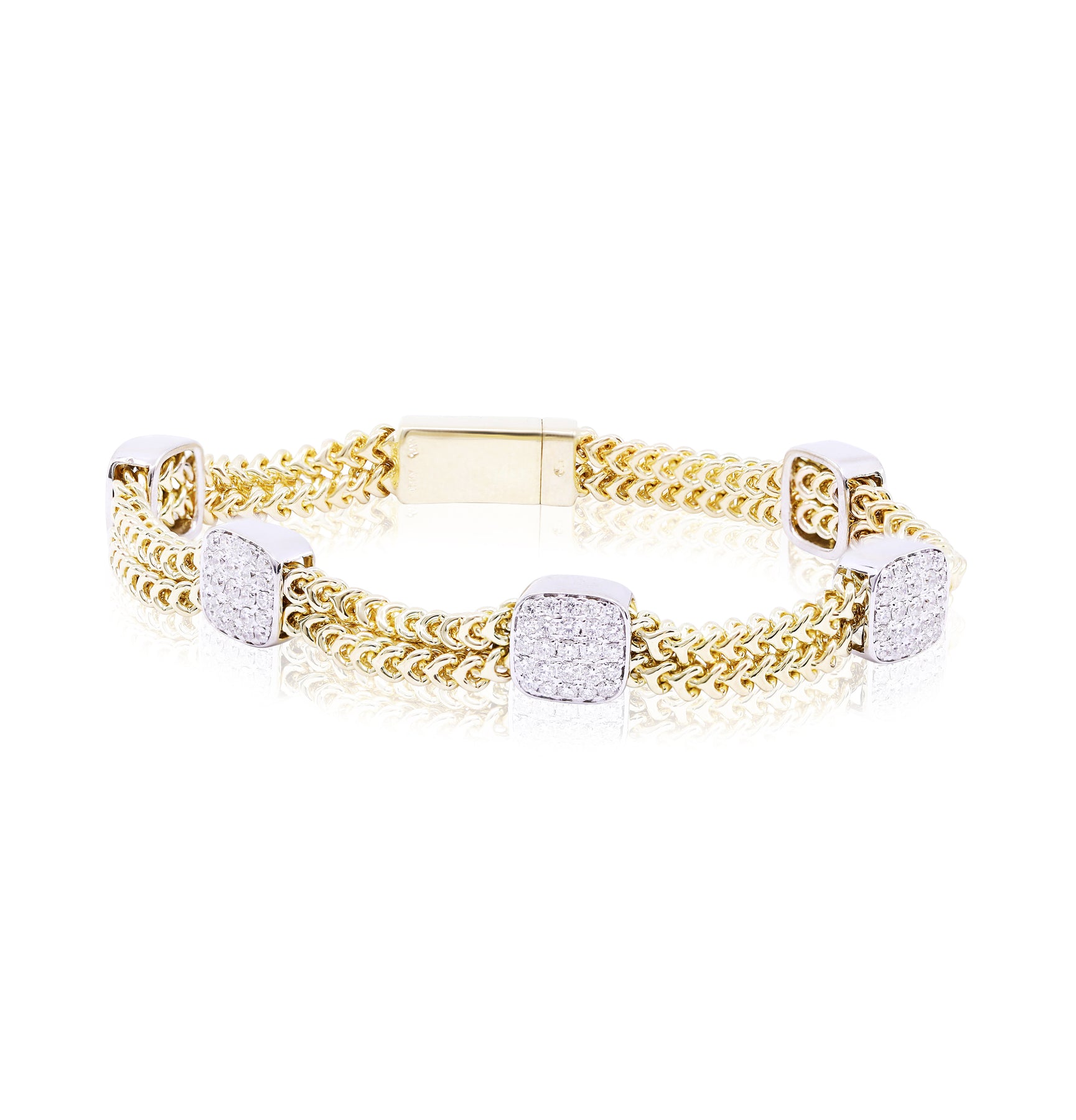 14K YELLOW GOLD 7-INCH DOUBLE STRAND BOXED WHEAT LINK CHAIN BRACELET WITH PAVE DIAMOND STATIONS 1.50CTW