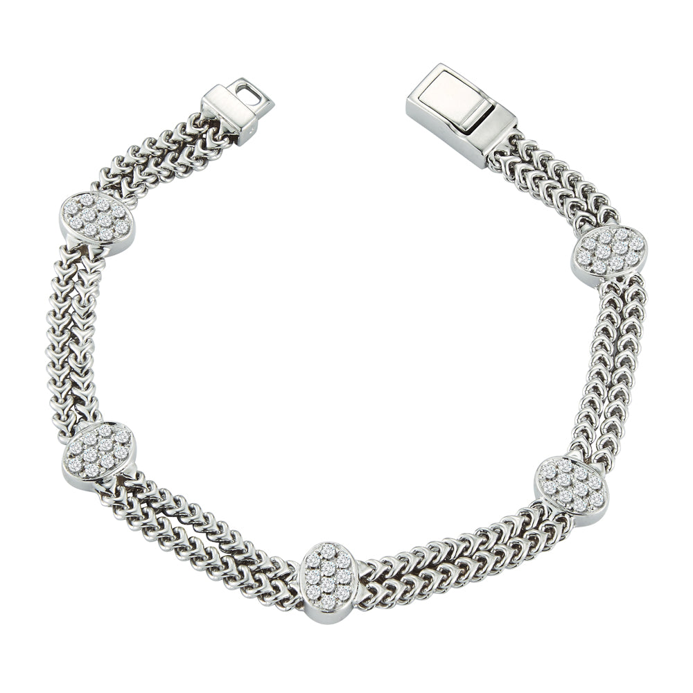 14K WHITE GOLD DIAMOND STATION CURB LINK CHAIN BRACELET - 0.85CTW