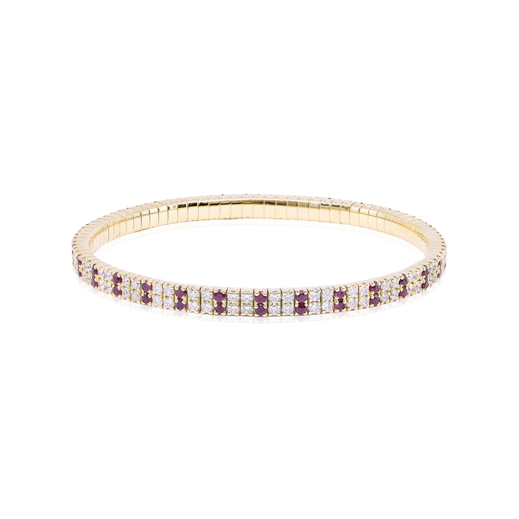 18K YELLOW GOLD DOUBLE ROW DIAMOND AND RUBY STRETCH BRACELET