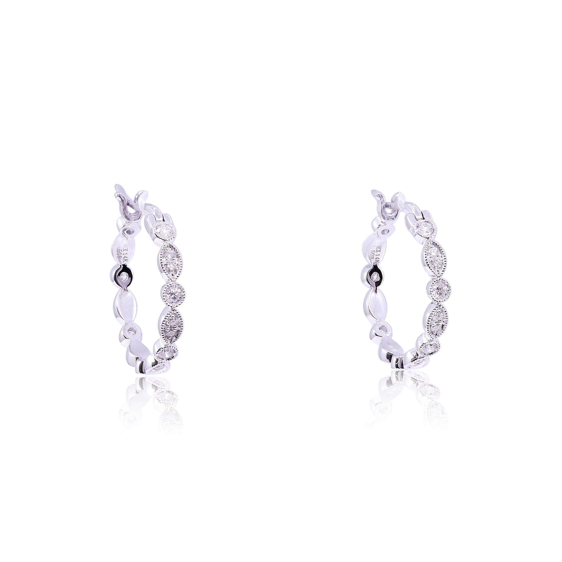 14K WHITE GOLD ROUND DIAMOND MILGRAIN HOOP EARRINGS 0.50CTW