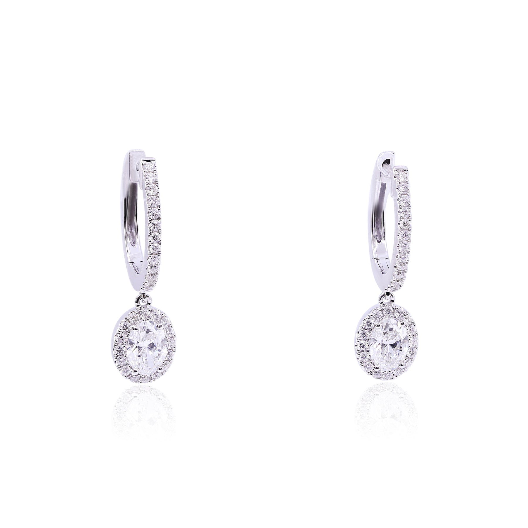 18K WHITE GOLD DIAMOND HOOP EARRINGS WITH OVAL HALO DROPS