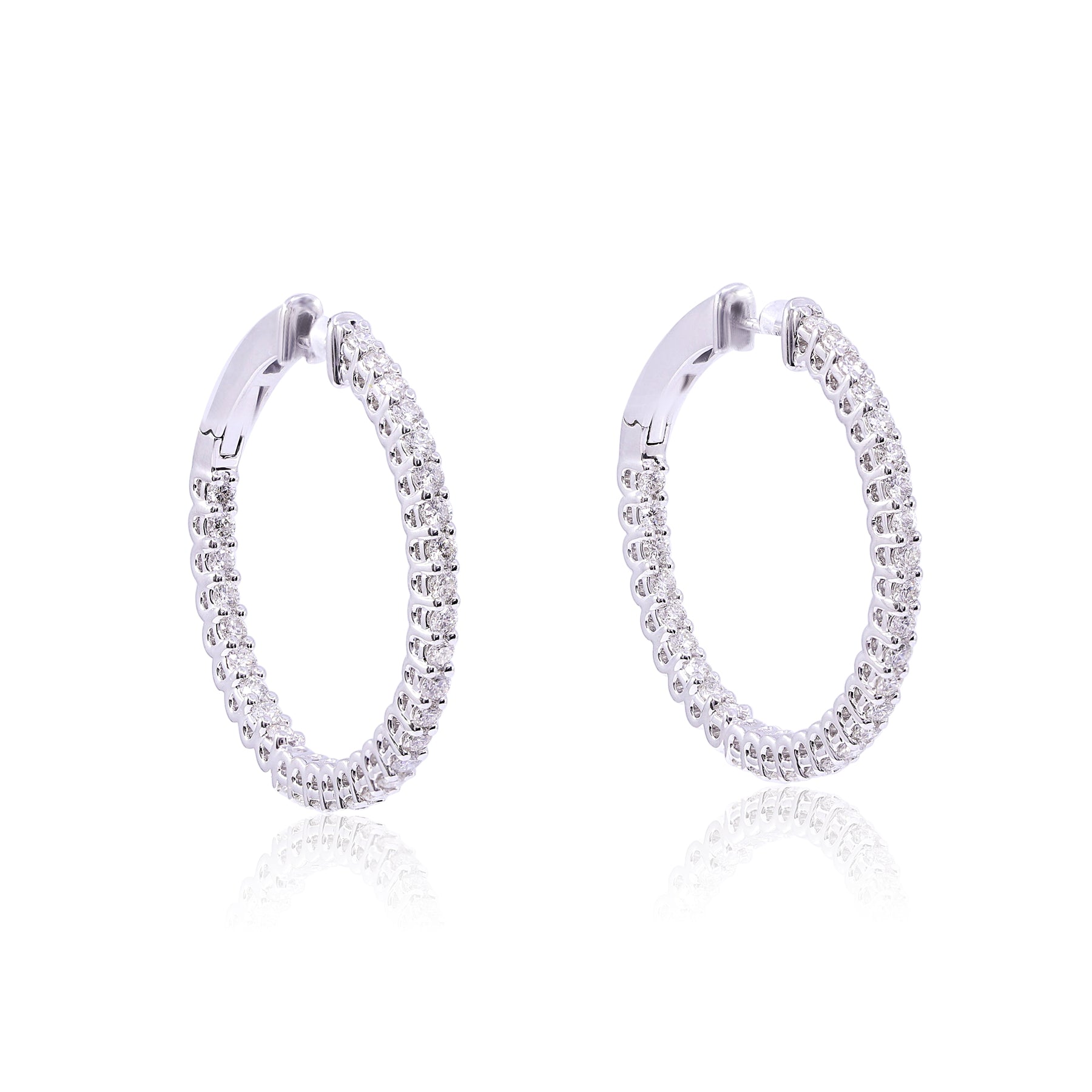 14K WHITE GOLD ROUND DIAMOND INSIDE-OUTSIDE HOOP EARRINGS 1.51CTW