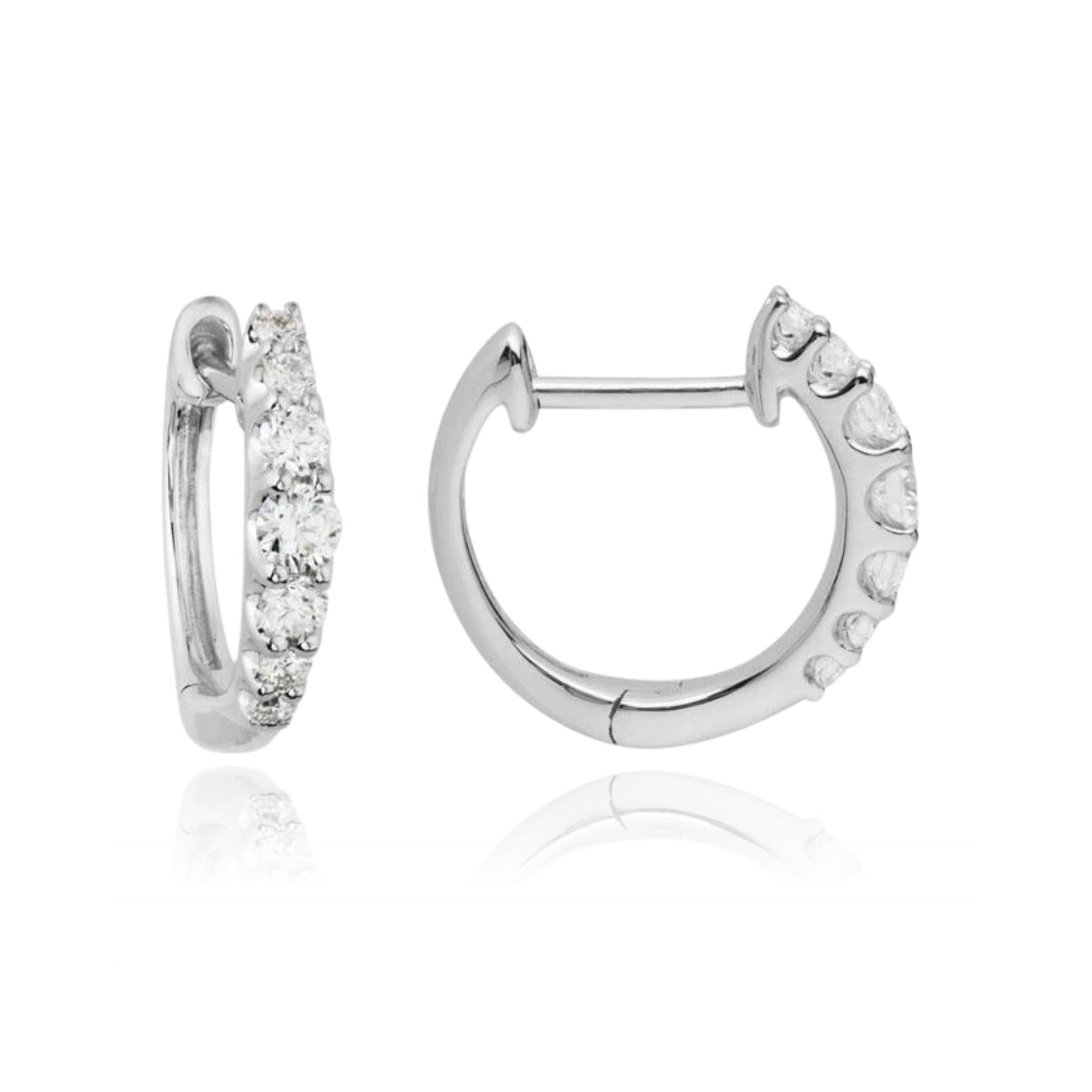 14K WHITE GOLD PRONG-SET DIAMOND GRADUATED HUGGIE HOOP EARRINGS 0.38CTW