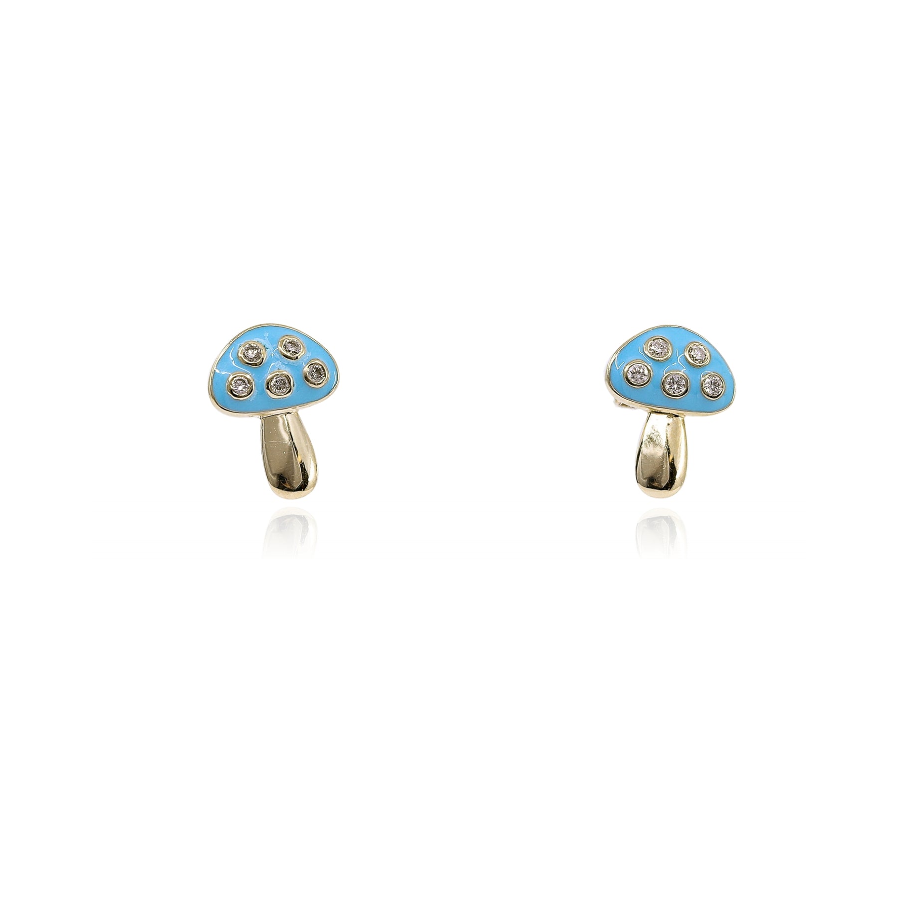 14K YELLOW GOLD TURQUOISE ENAMEL AND DIAMOND MUSHROOM STUD EARRINGS - 0.09CTW