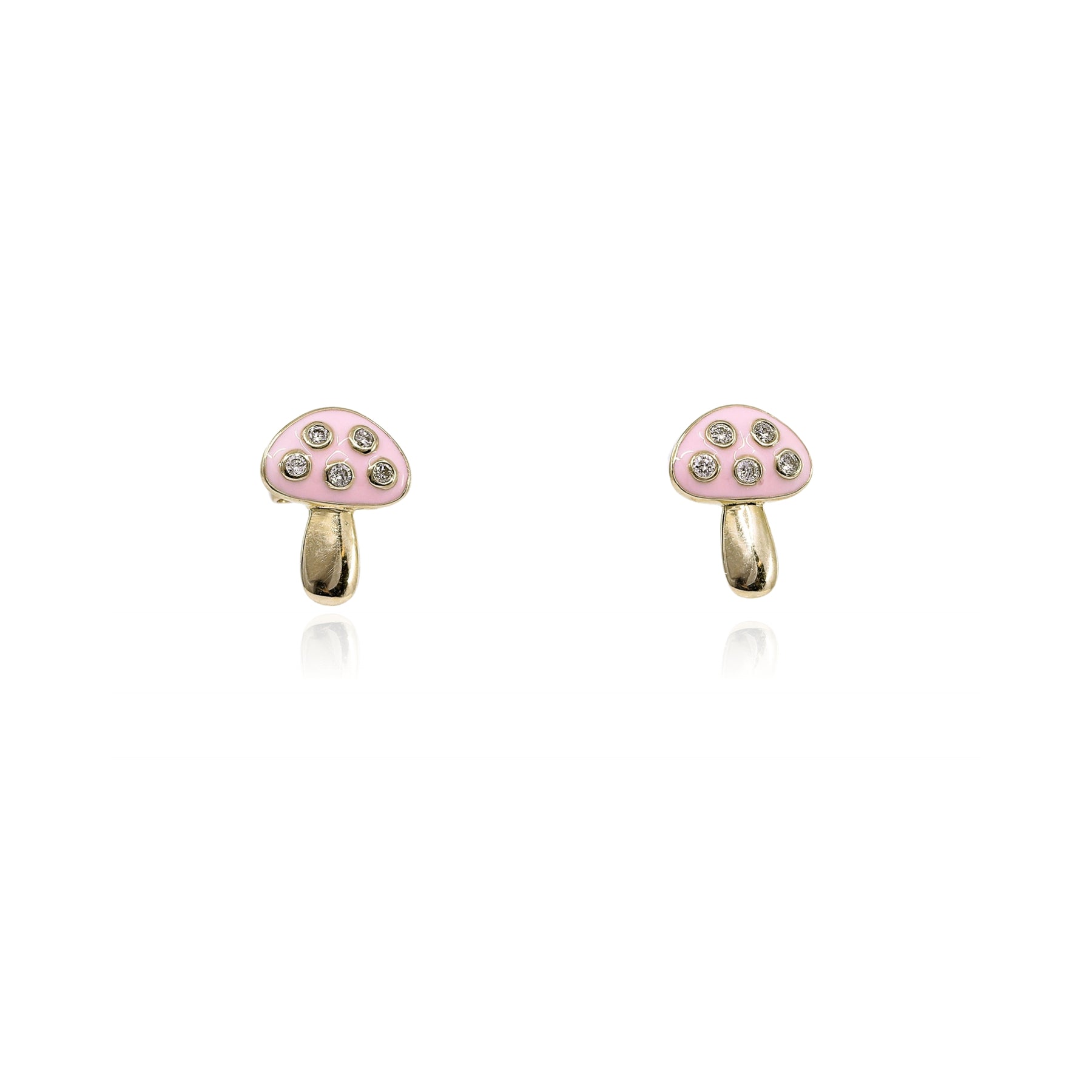 14K YELLOW GOLD PINK ENAMEL AND DIAMOND MUSHROOM STUD EARRINGS - 0.09CTW