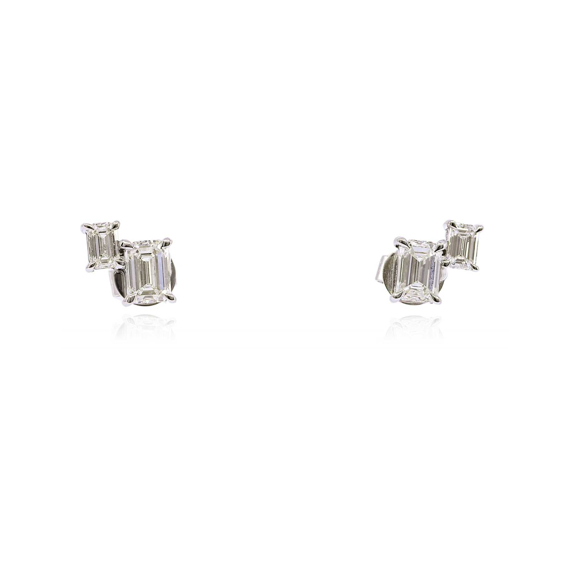 18K WHITE GOLD 2-STONE EMERALD CUT DIAMOND STUD EARRINGS - 1.37CTW