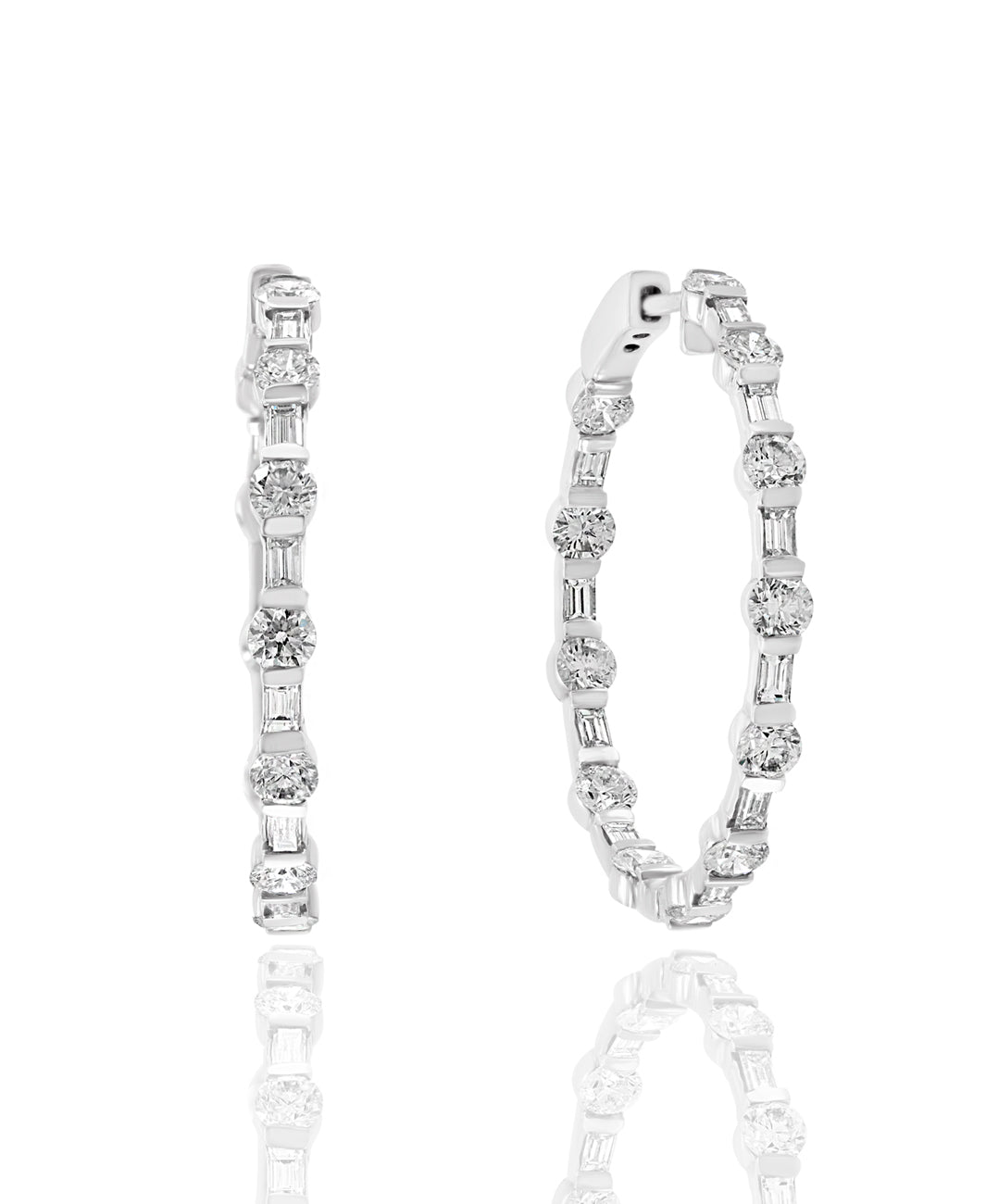 14K WHITE GOLD EMERALD AND ROUND DIAMOND INSIDE OUT HOOP EARRINGS - 5.48CTW