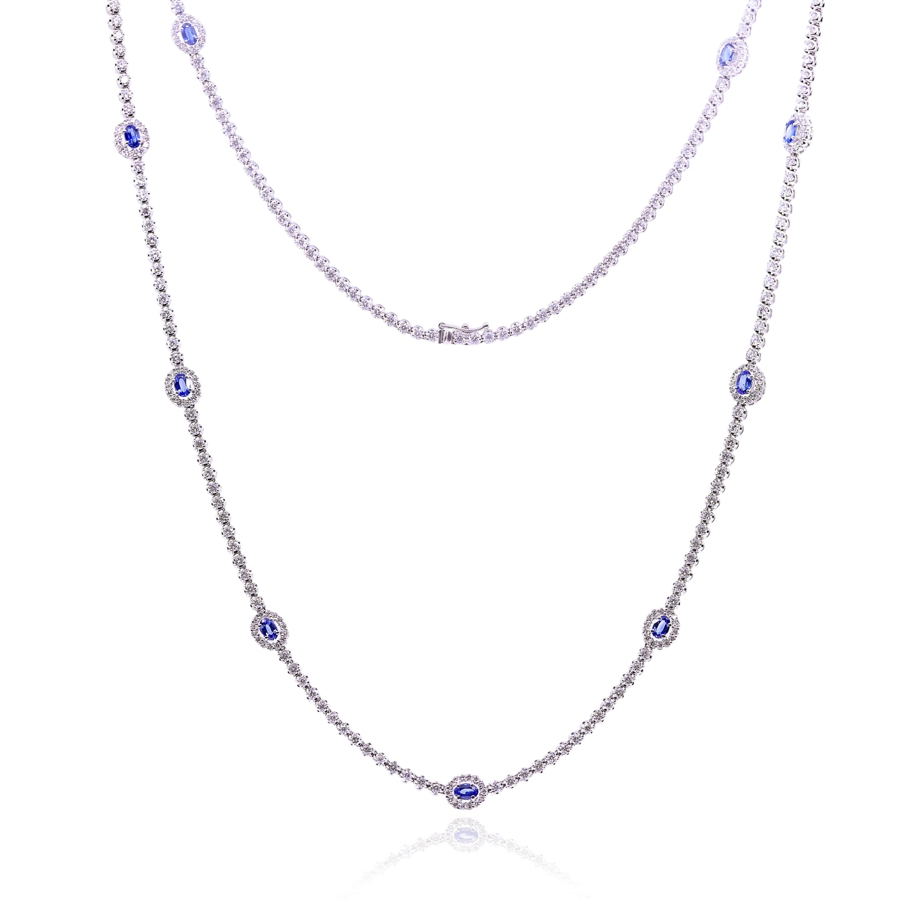 14K WHITE GOLD OVAL SAPPHIRE DIAMOND LONG NECKLACE 