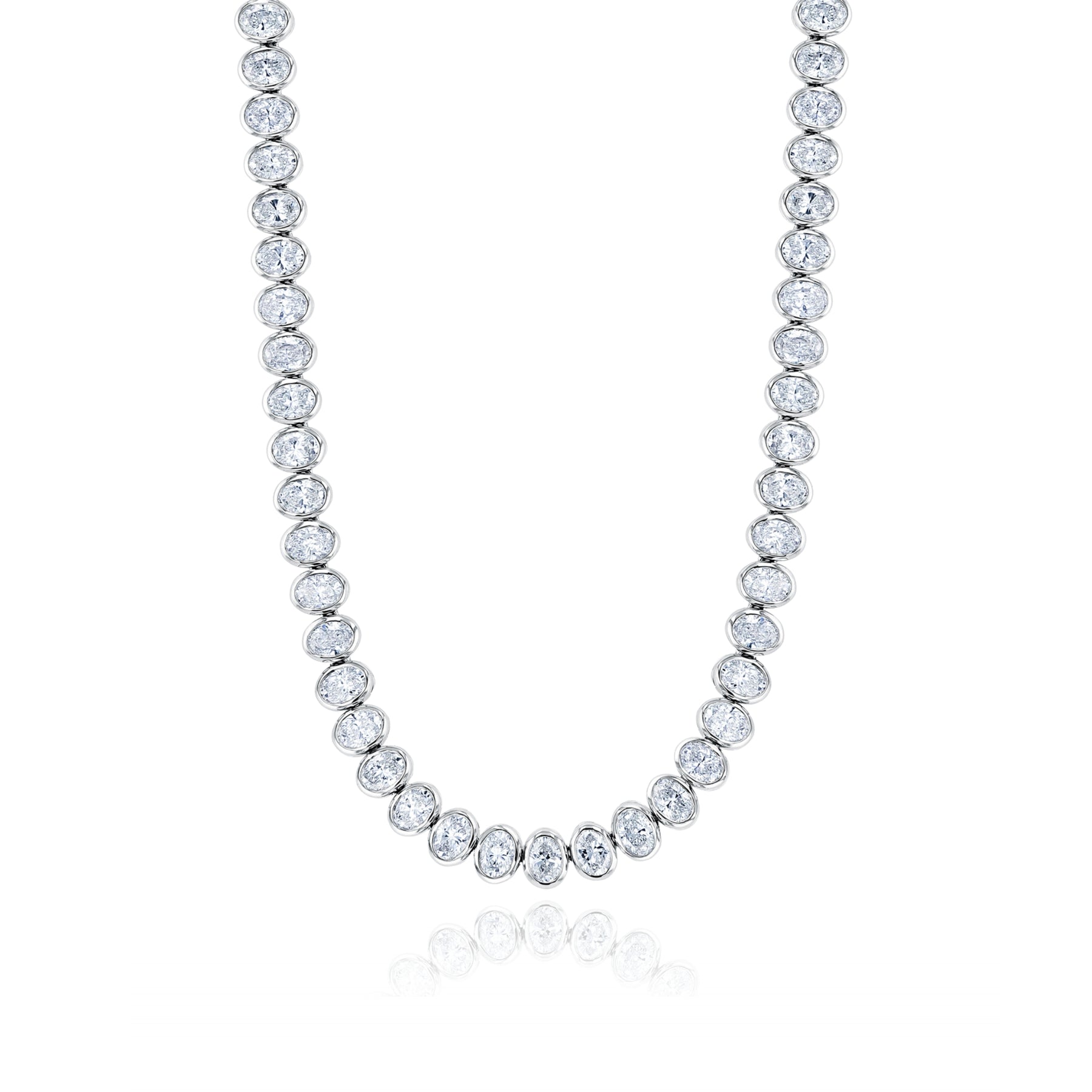 18K WHITE GOLD BEZEL OVAL DIAMOND TENNIS NECKLACE - 10.37CTW