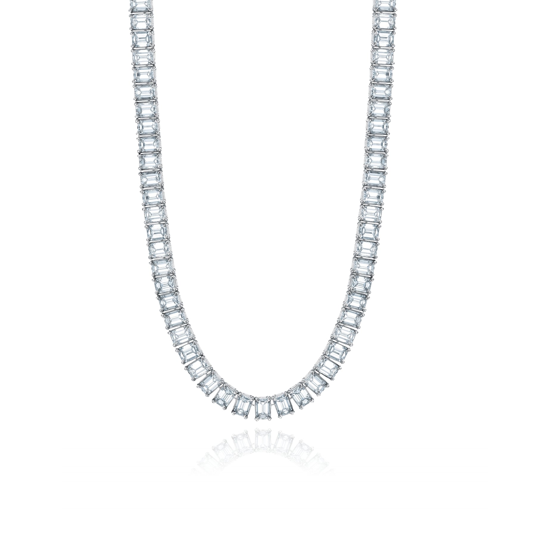 18K WHITE GOLD EMERALD-CUT DIAMOND TENNIS NECKLACE - 27.97CTW