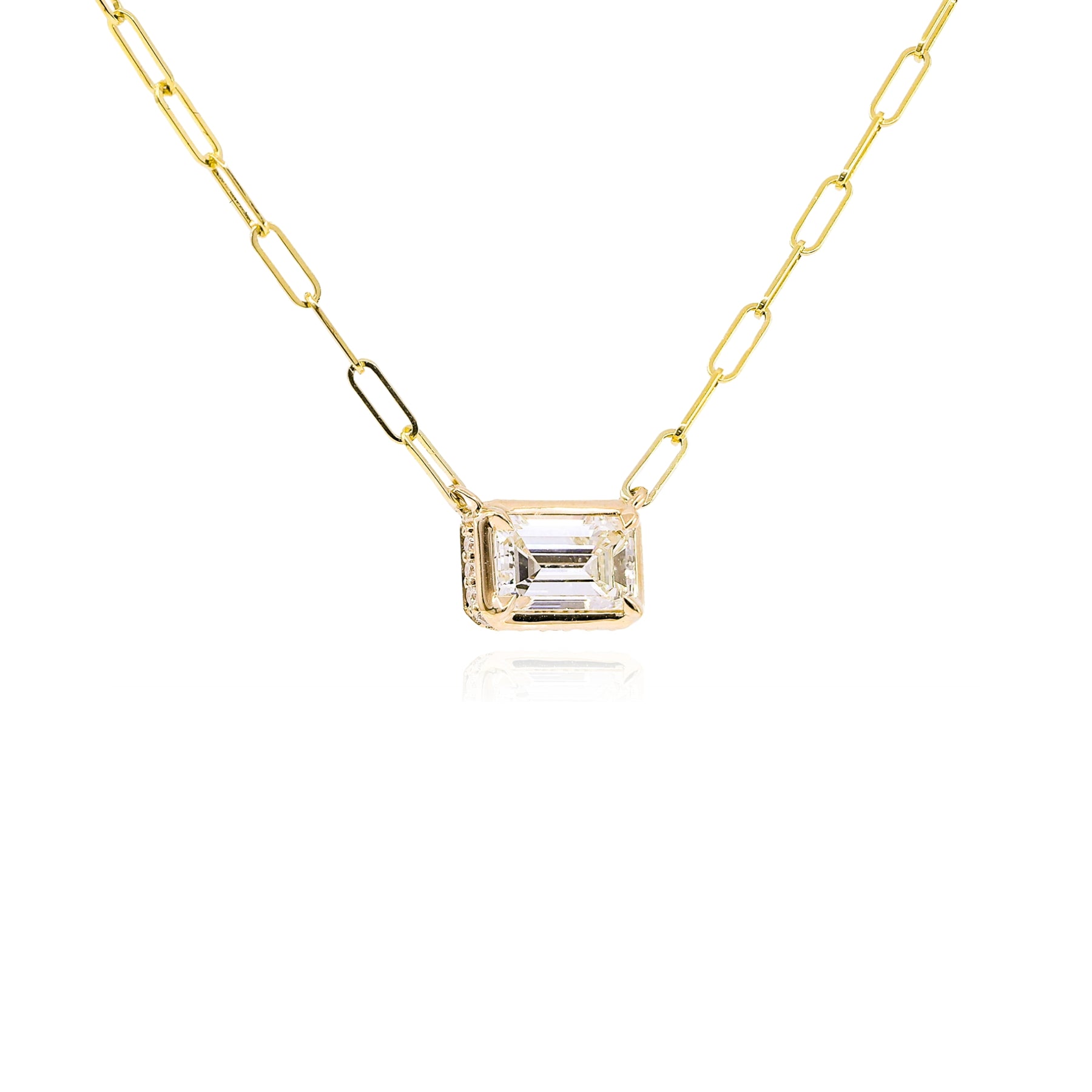 14K YELLOW GOLD EMERALD-CUT DIAMOND SOLITAIRE PENDANT NECKLACE WITH HALO - 0.84CTW