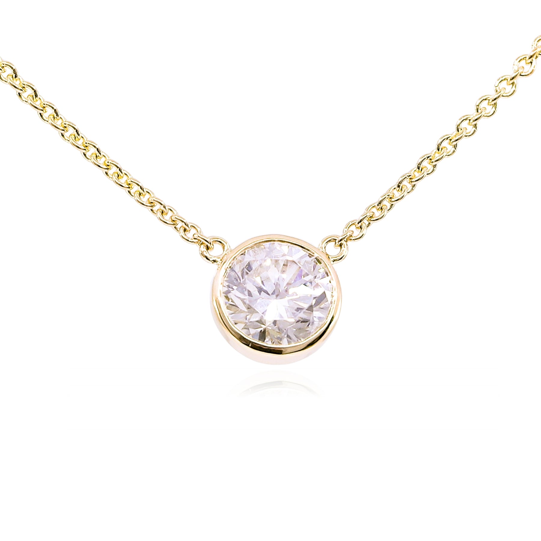 14K YELLOW GOLD MICRO BEZEL DIAMOND SOLITAIRE PENDANT NECKLACE - 1.38CT