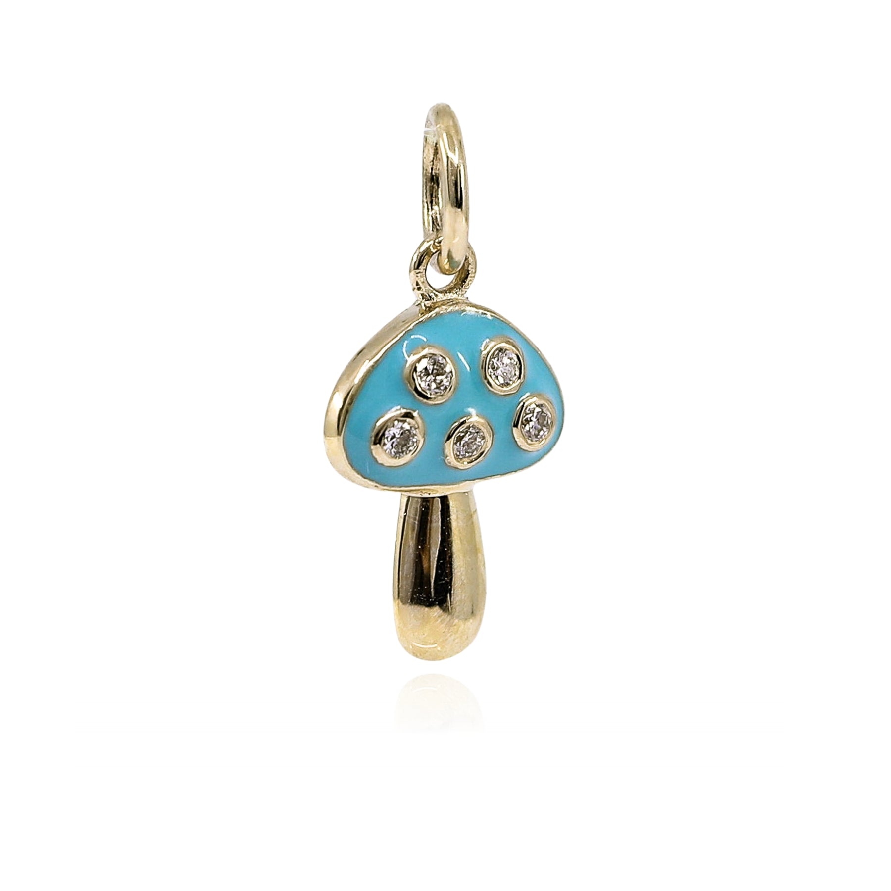 14K YELLOW GOLD TURQUOISE ENAMEL AND DIAMOND MUSHROOM PENDANT CHARM - 0.05CTW