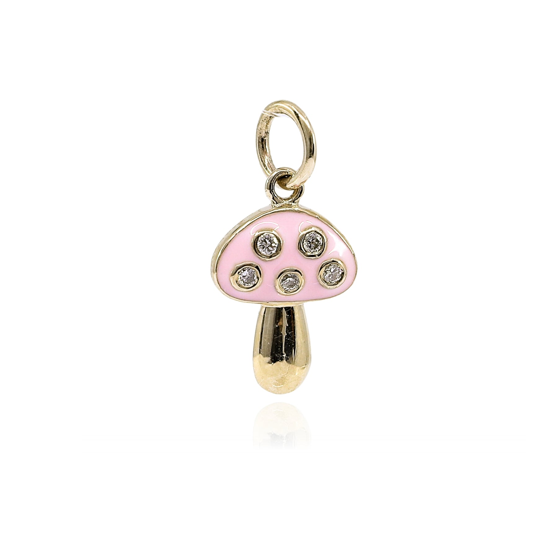 14K YELLOW GOLD PINK ENAMEL AND DIAMOND MUSHROOM PENDANT CHARM - 0.05CTW