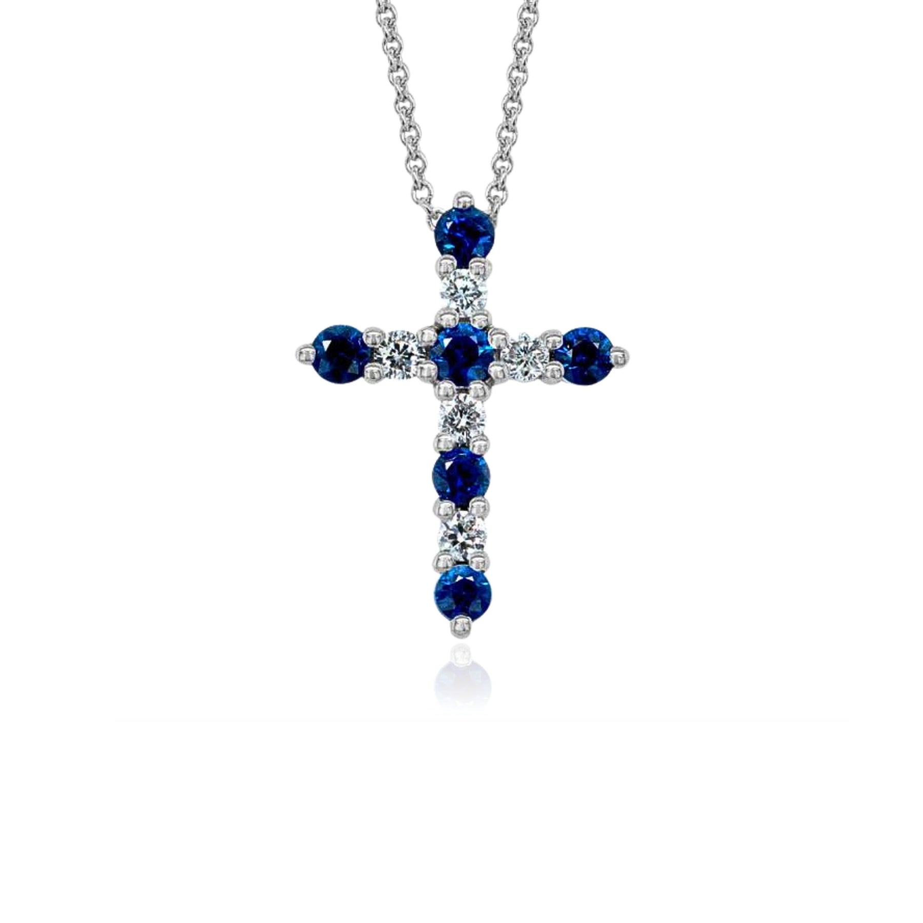 14K WHITE GOLD DIAMOND SAPPHIRE CROSS NECKLACE