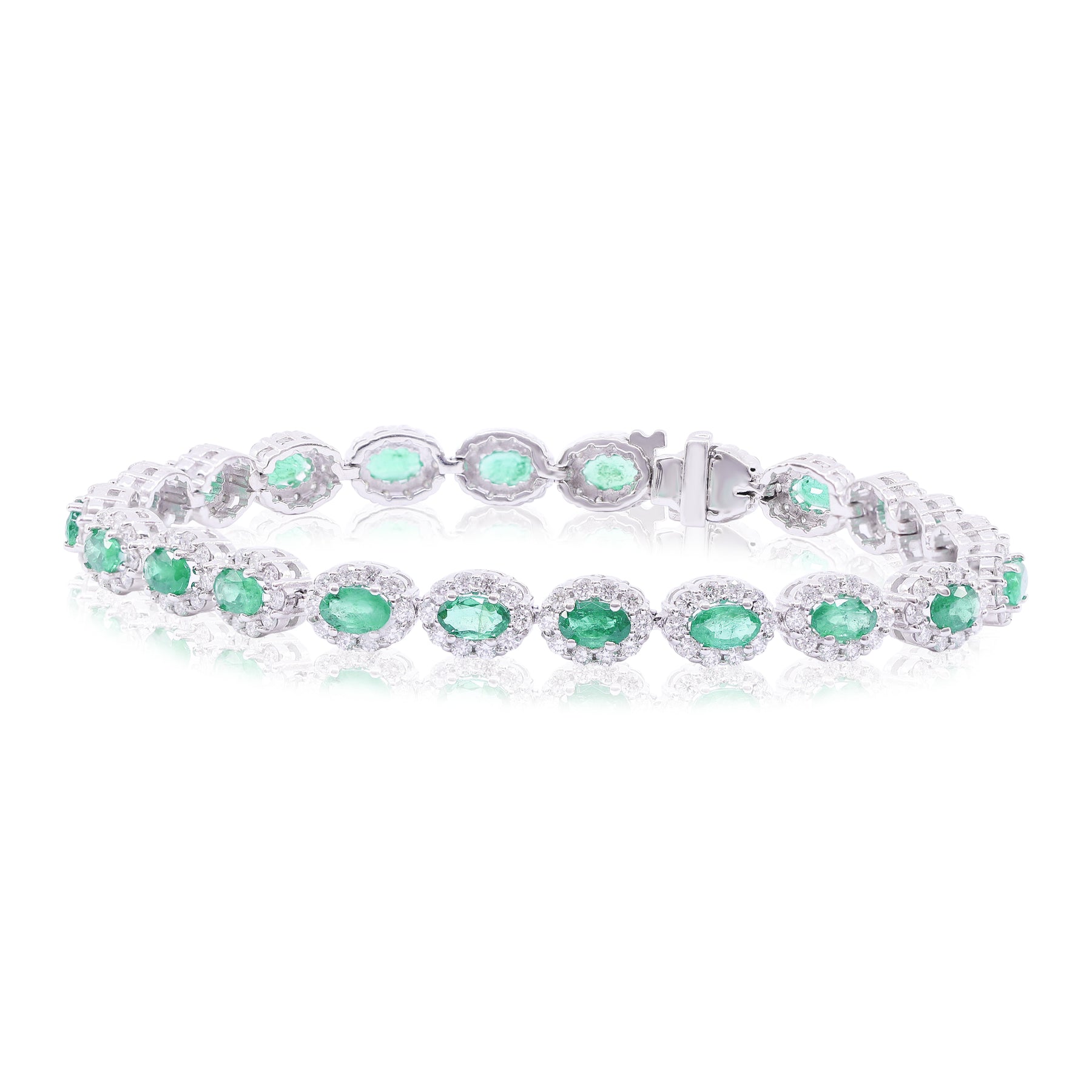 14K WHITE GOLD OVAL EMERALD AND DIAMOND HALO BRACELET