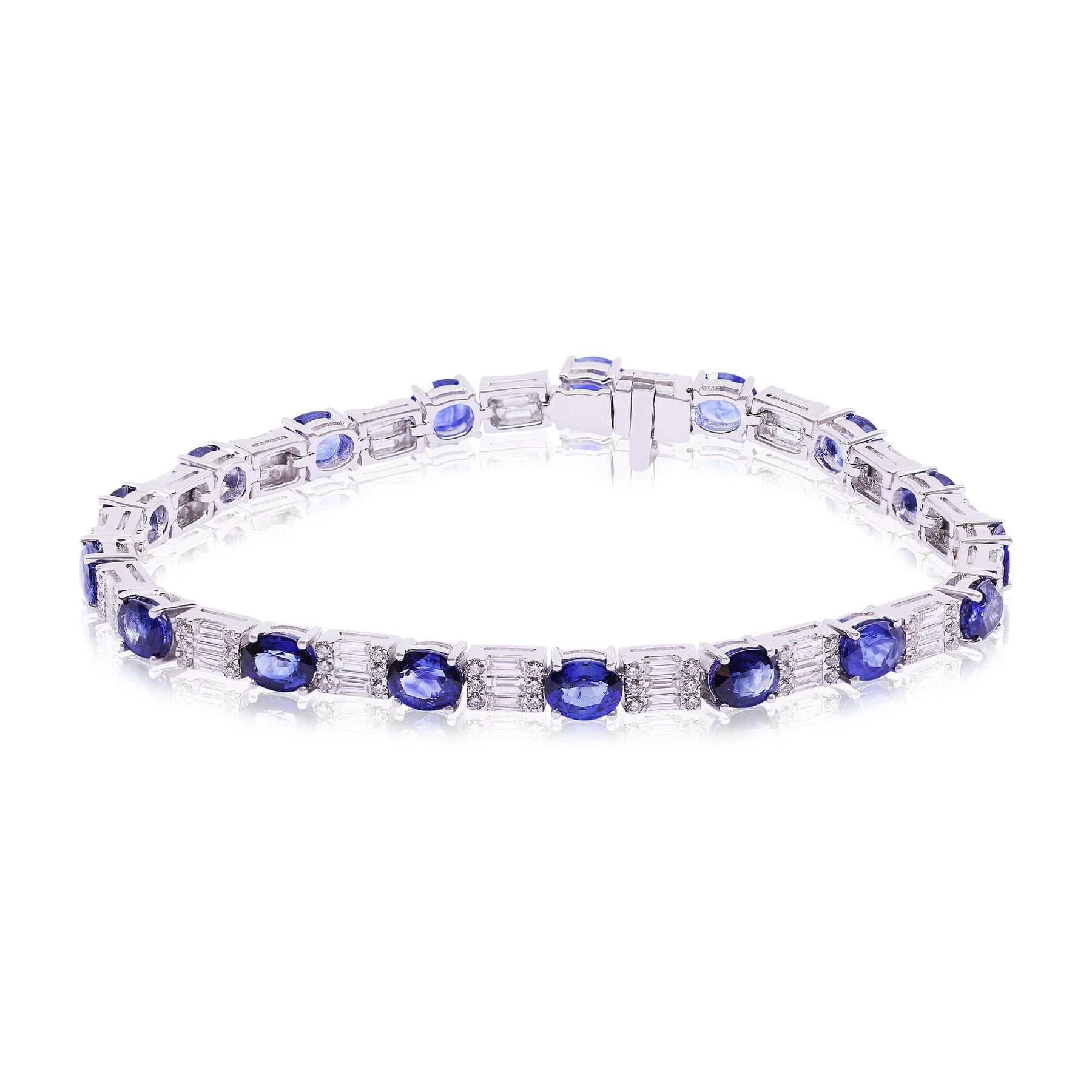 18K WHITE GOLD STRAIGHT LINE OVAL SAPPHIRE, ROUND DIAMOND AND BAGUETTE TENNIS BRACELET 2.24CTW