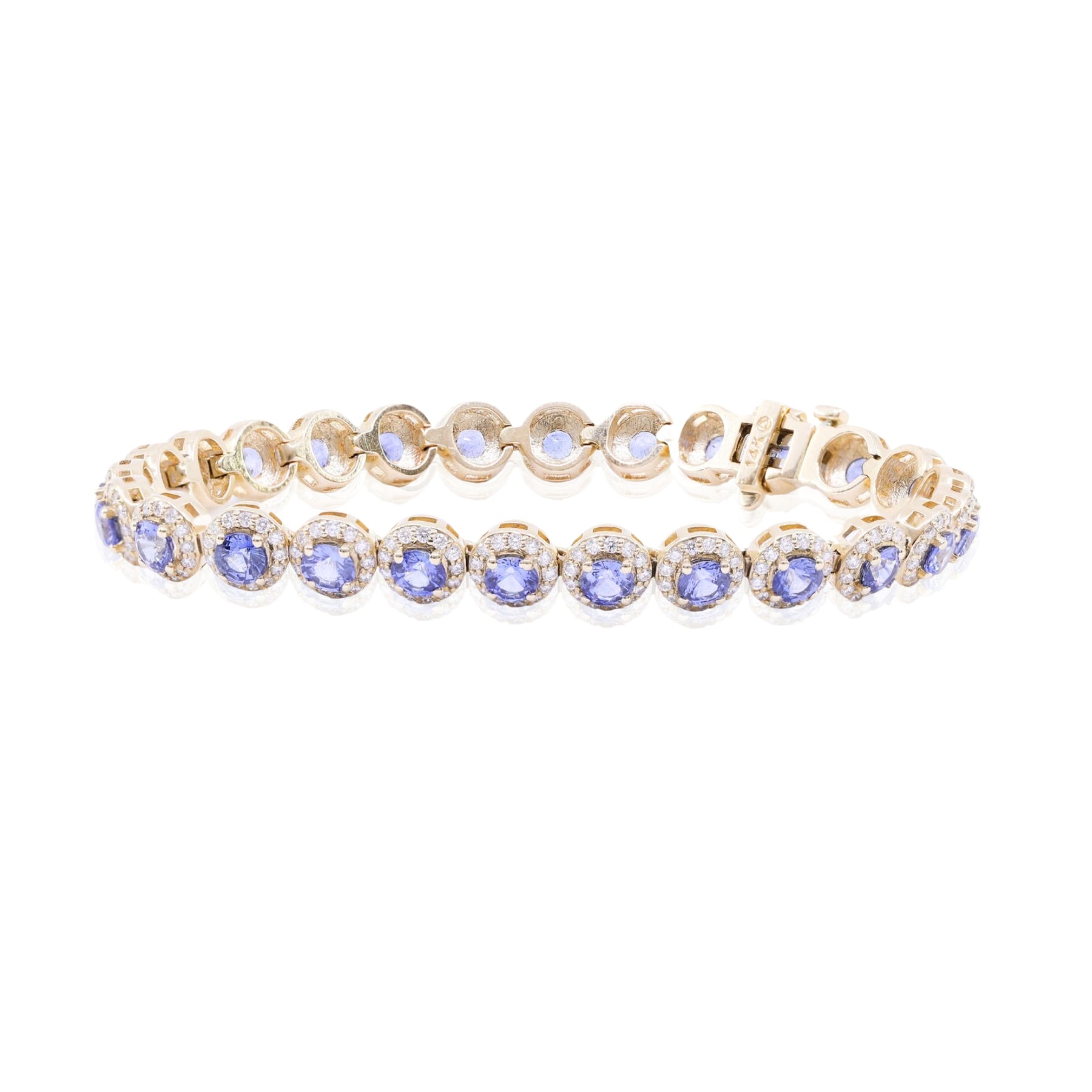 14K YELLOW GOLD ROUND SAPPHIRE AND DIAMOND HALO BRACELET 