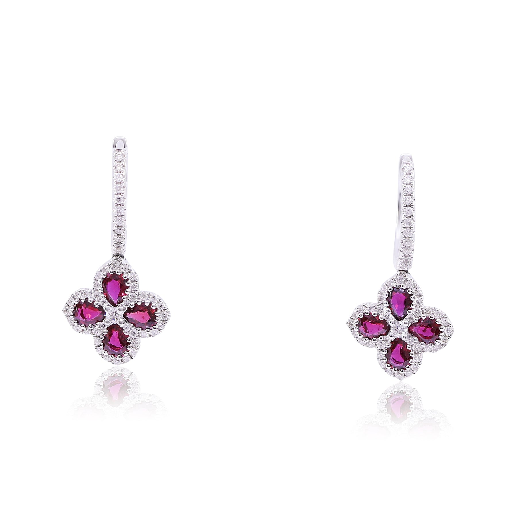 18K WHITE GOLD RUBY AND DIAMOND CLOVER DROP EARRINGS