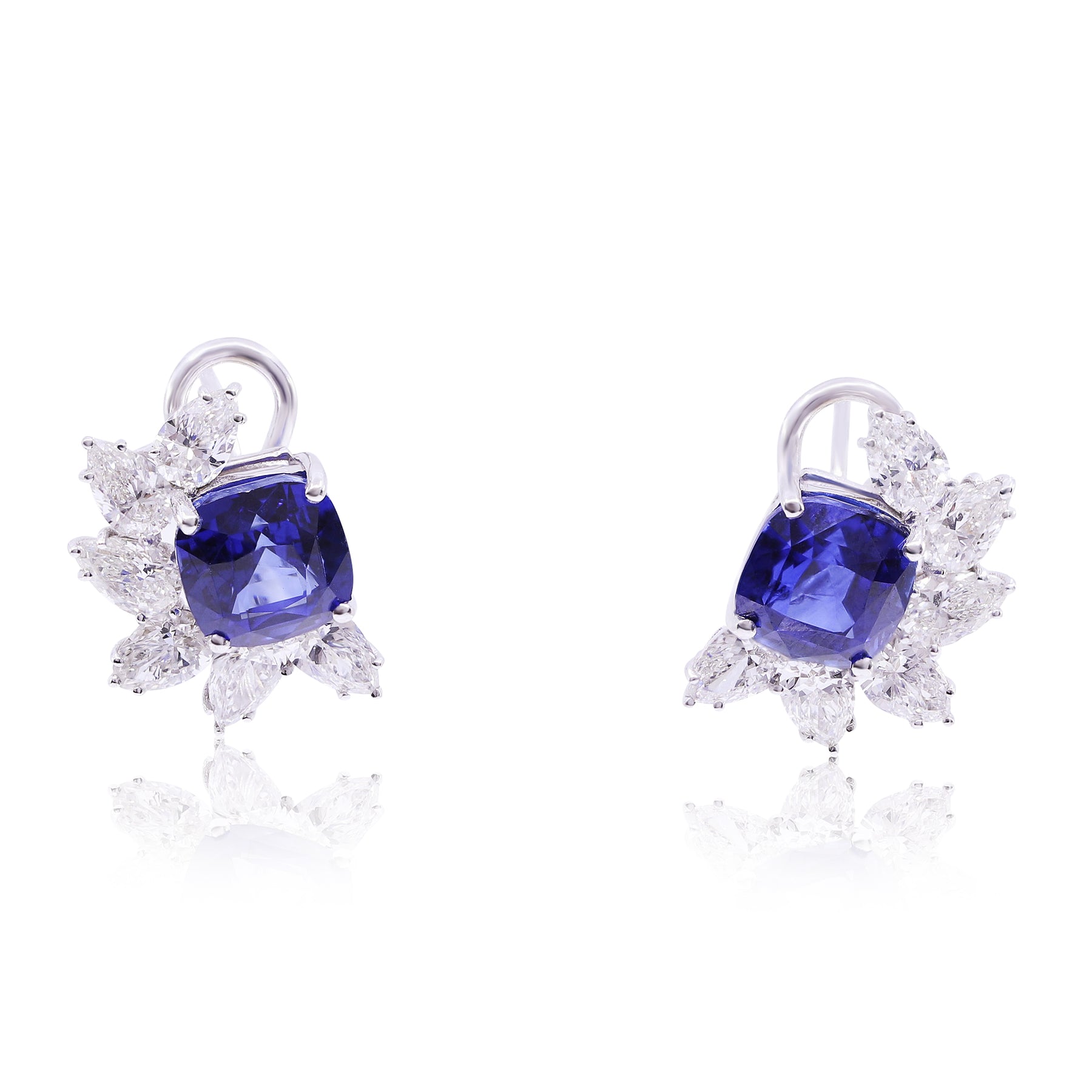 18K WHITE GOLD SAPPHIRE AND DIAMOND OUTSIDE HALO DIAMOND OMEGA POST EARRINGS